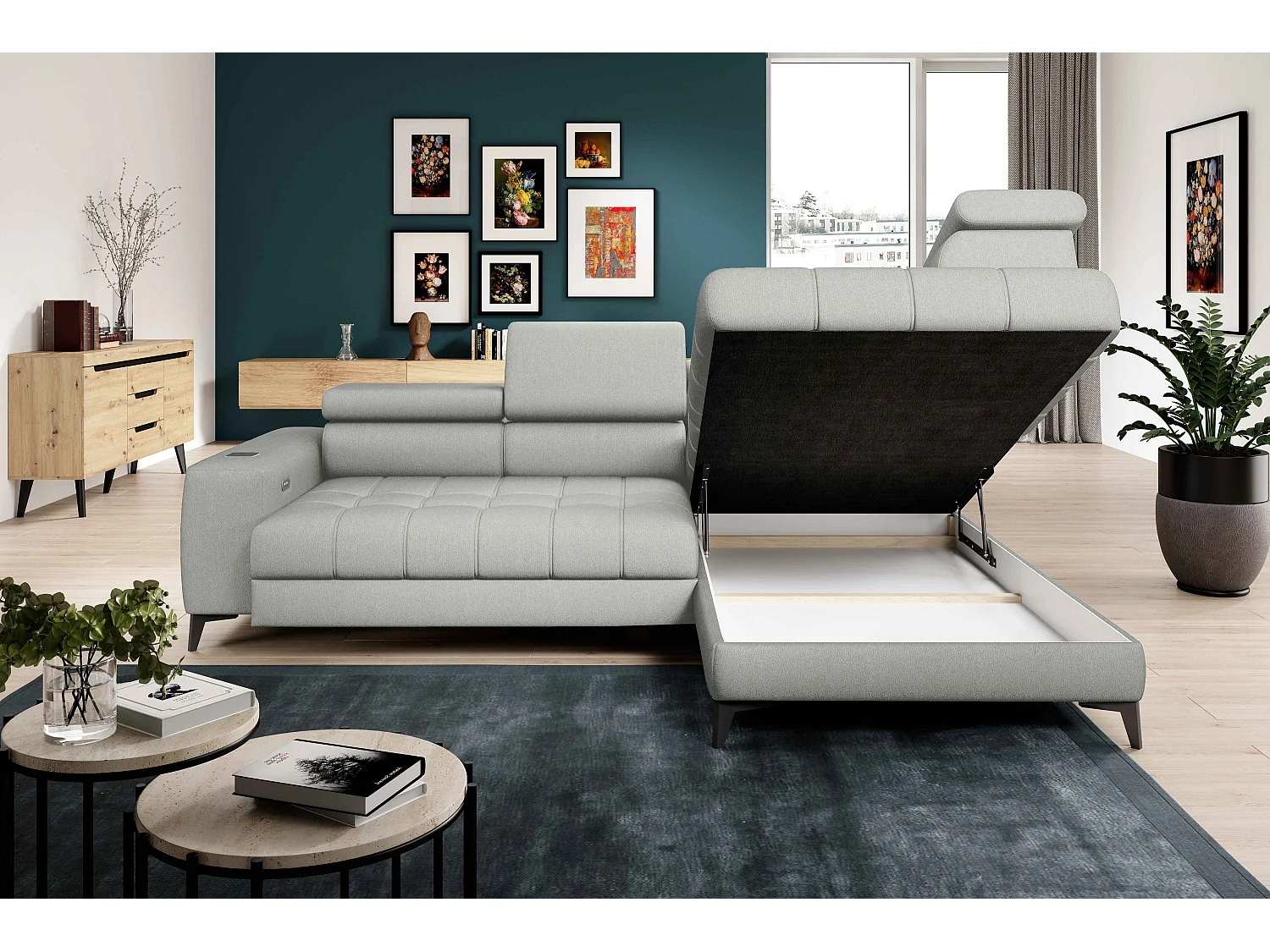 BAGGIO canapé angle 280x196cm, couchage, coffre, assise réglable, têtières, tissu Letto, droit, Frêne