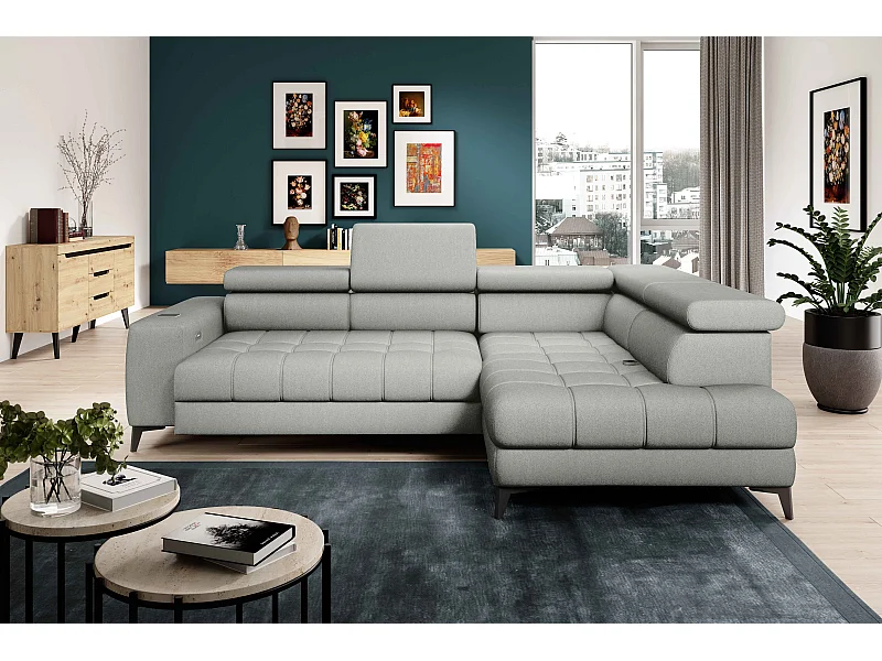 BAGGIO canapé angle 280x196cm, couchage, coffre, assise réglable, têtières, tissu Letto, droit, Frêne