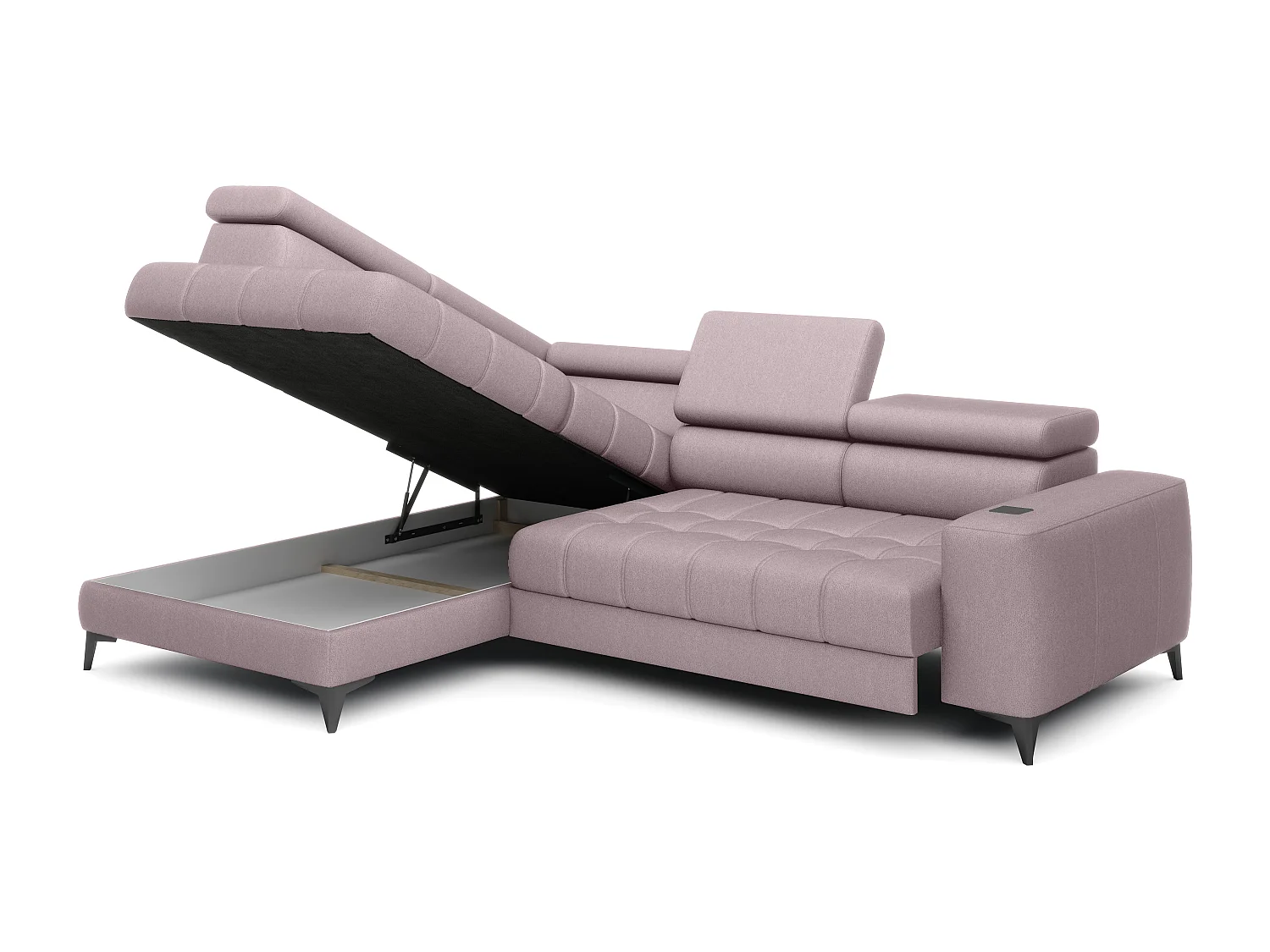 BAGGIO canapé angle 280x196cm, couchage, coffre, assise réglable, têtières, tissu Letto, gauche, Rose poudré