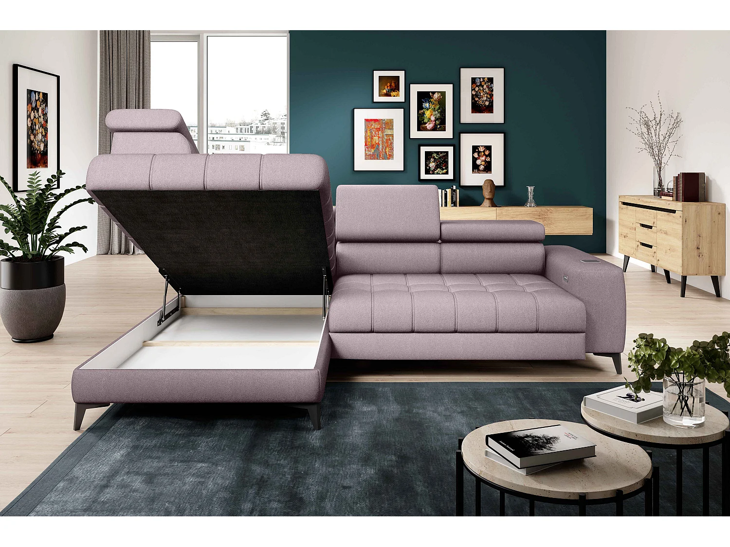 BAGGIO canapé angle 280x196cm, couchage, coffre, assise réglable, têtières, tissu Letto, gauche, Rose poudré