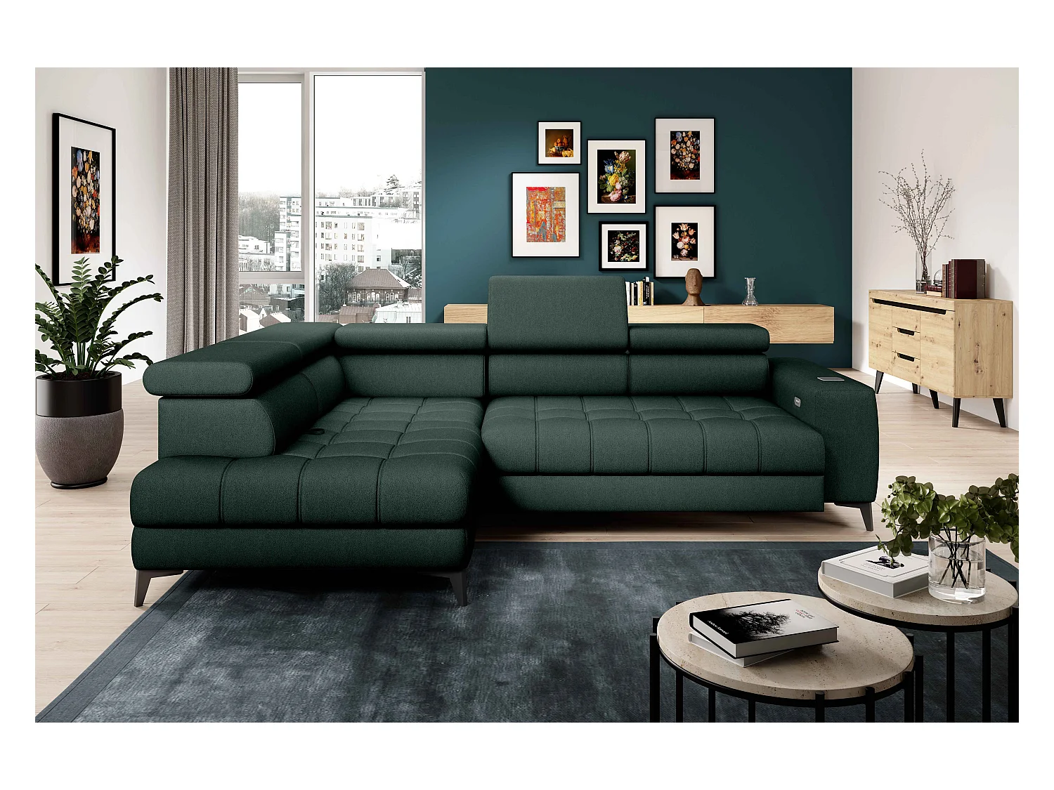 BAGGIO narożnik 280x196 z funkcją spania, pojemnikiem, regulacją siedziska, zagłówkami, tkanina Letto, lewa strona, ciemnozielony