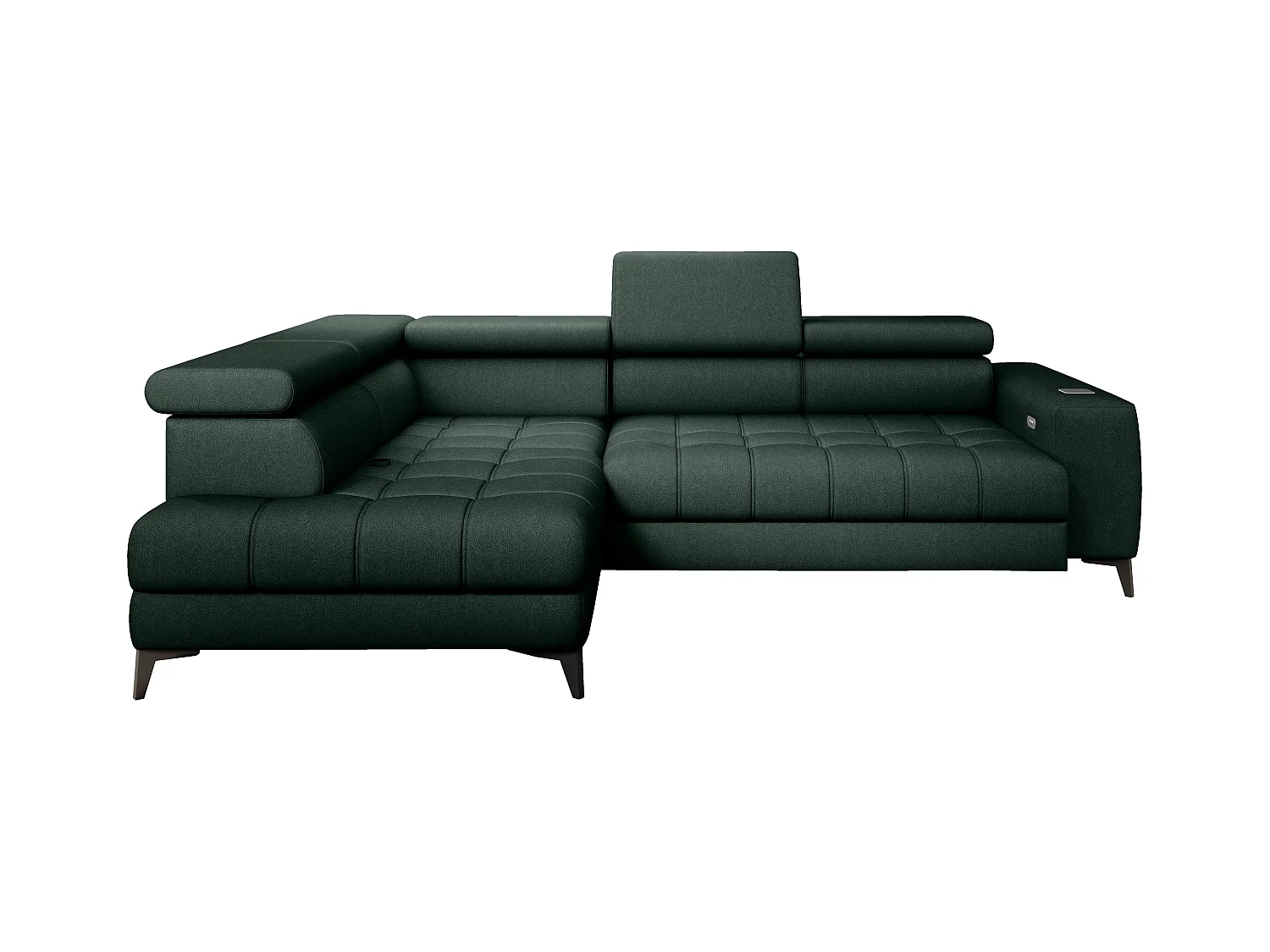 BAGGIO narożnik 280x196 z funkcją spania, pojemnikiem, regulacją siedziska, zagłówkami, tkanina Letto, lewa strona, ciemnozielony
