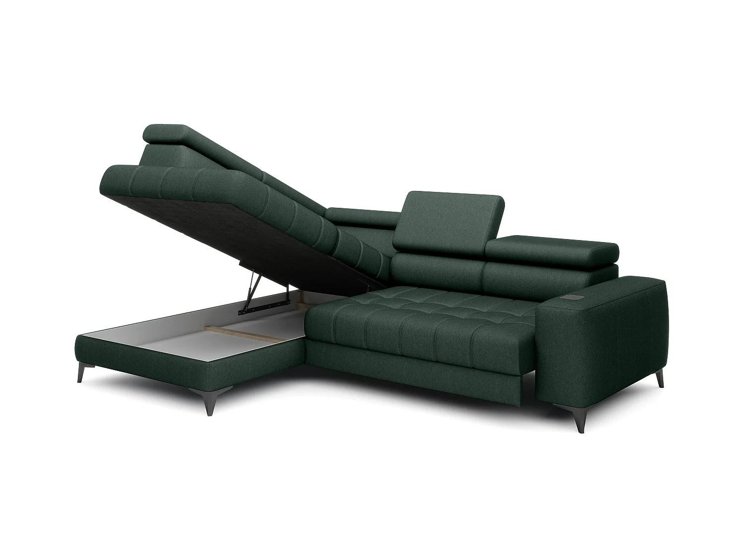 BAGGIO narożnik 280x196 z funkcją spania, pojemnikiem, regulacją siedziska, zagłówkami, tkanina Letto, lewa strona, ciemnozielony