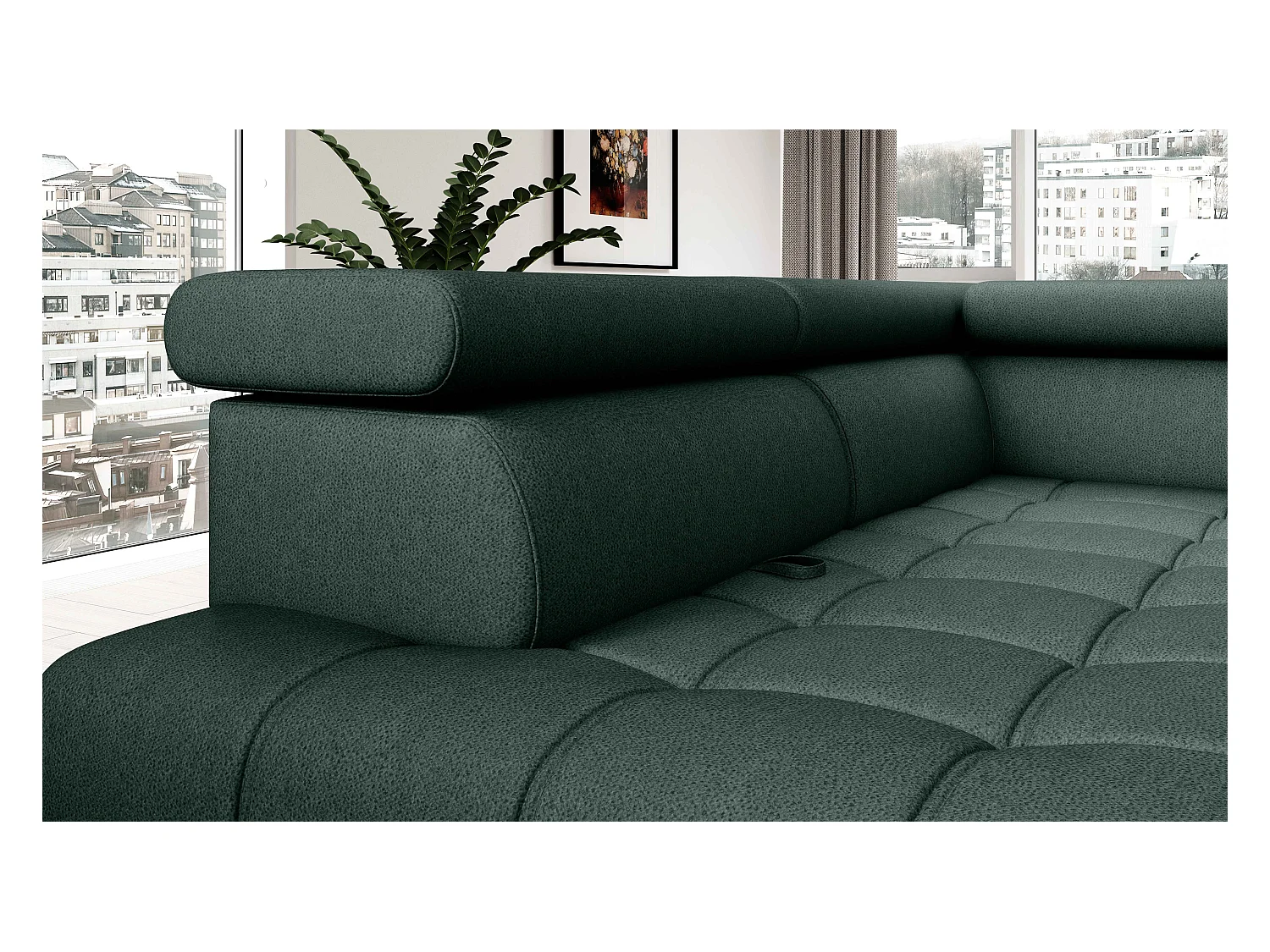 BAGGIO narożnik 280x196 z funkcją spania, pojemnikiem, regulacją siedziska, zagłówkami, tkanina Letto, lewa strona, ciemnozielony