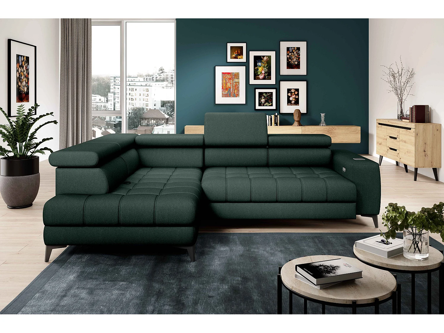 BAGGIO canapé angle 280x196cm, couchage, coffre, assise réglable, têtières, tissu Letto, gauche, Vert foncé