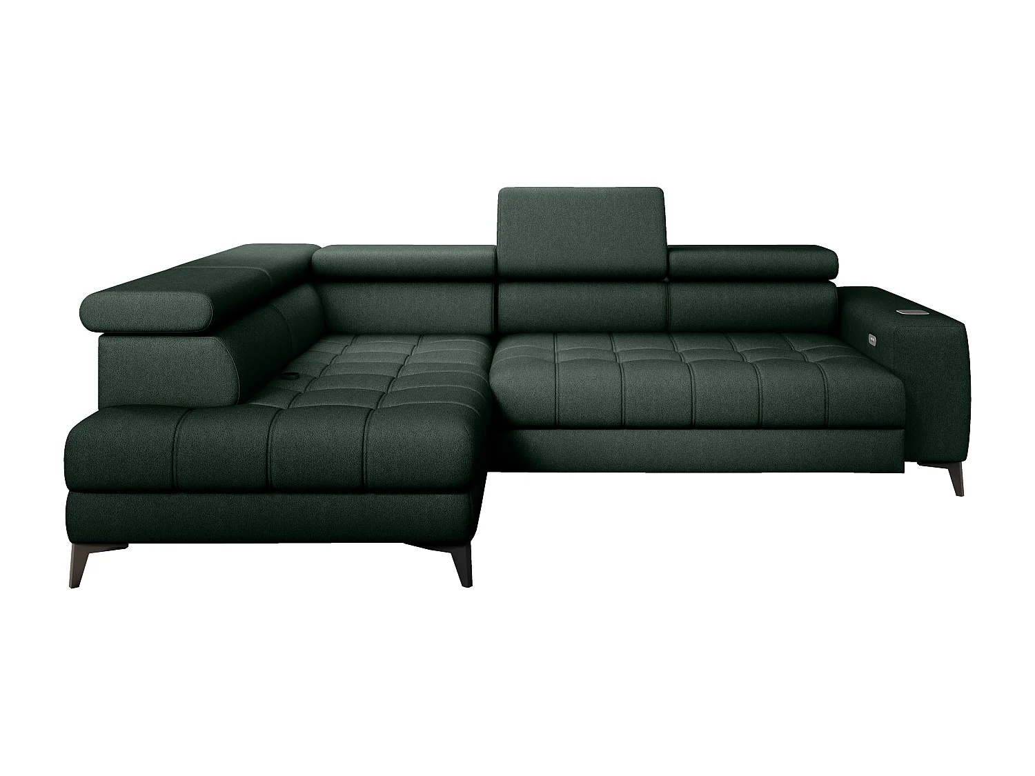 BAGGIO canapé angle 280x196cm, couchage, coffre, assise réglable, têtières, tissu Letto, gauche, Vert foncé