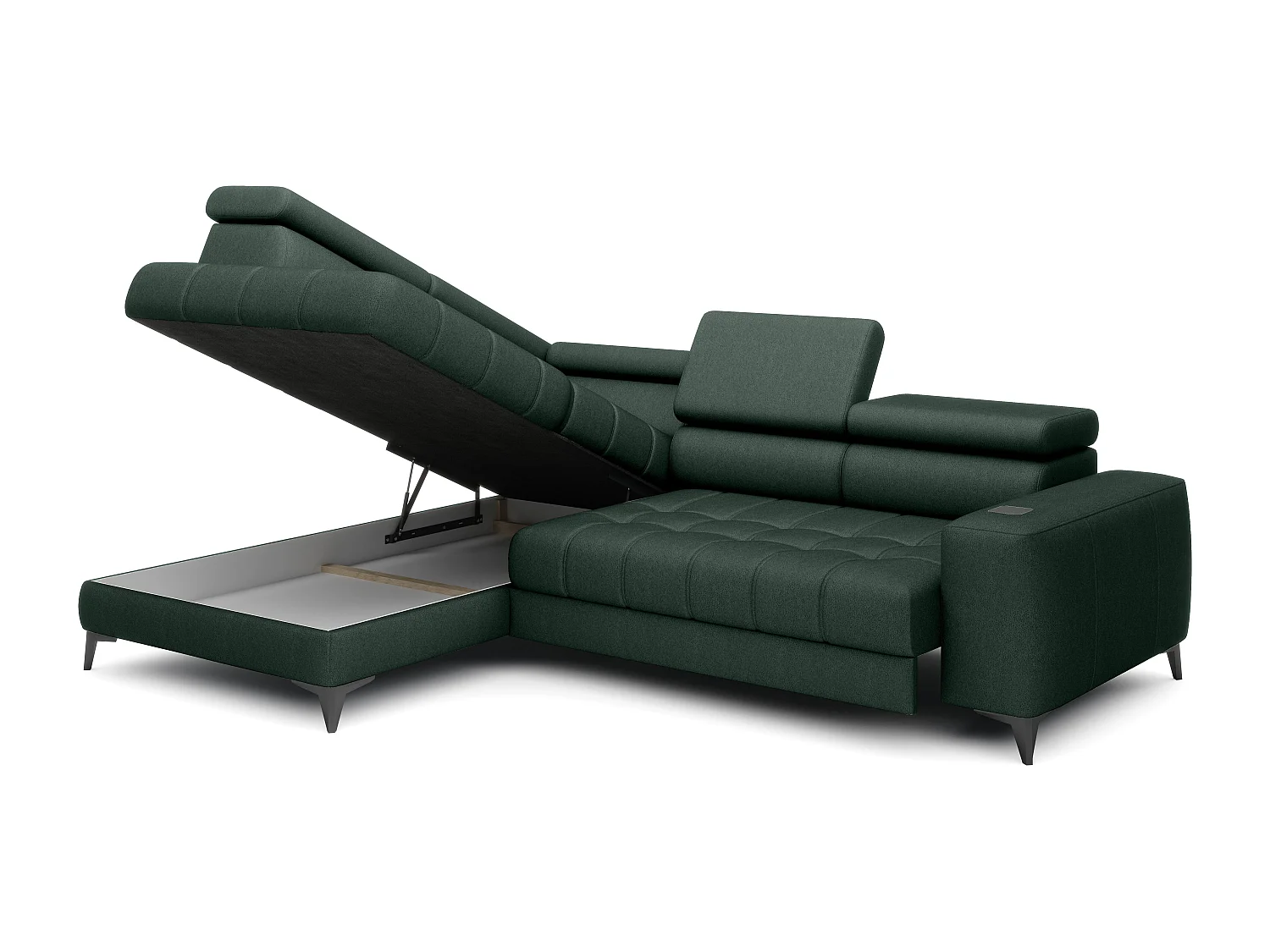BAGGIO canapé angle 280x196cm, couchage, coffre, assise réglable, têtières, tissu Letto, gauche, Vert foncé