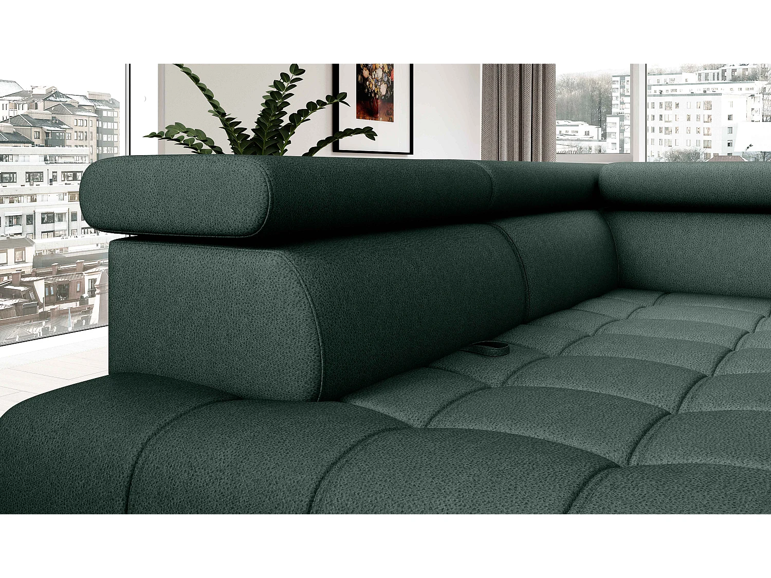 BAGGIO canapé angle 280x196cm, couchage, coffre, assise réglable, têtières, tissu Letto, gauche, Vert foncé