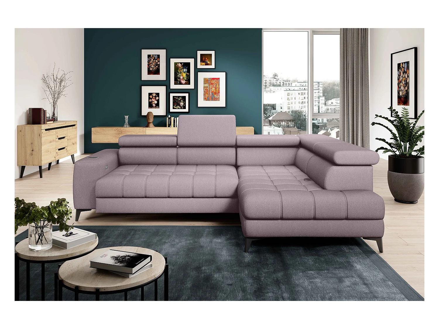 BAGGIO canapé angle 280x196cm, couchage, coffre, assise réglable, têtières, tissu Letto, droit, Rose poudré