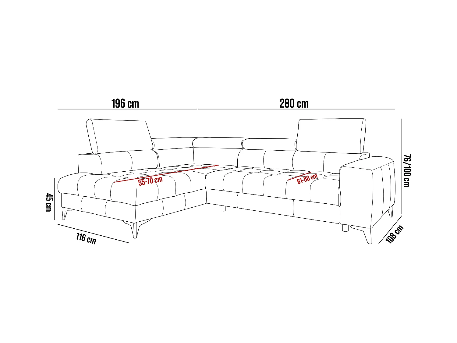 BAGGIO canapé angle 280x196cm, couchage, coffre, assise réglable, têtières, tissu Letto, droit, Rose poudré