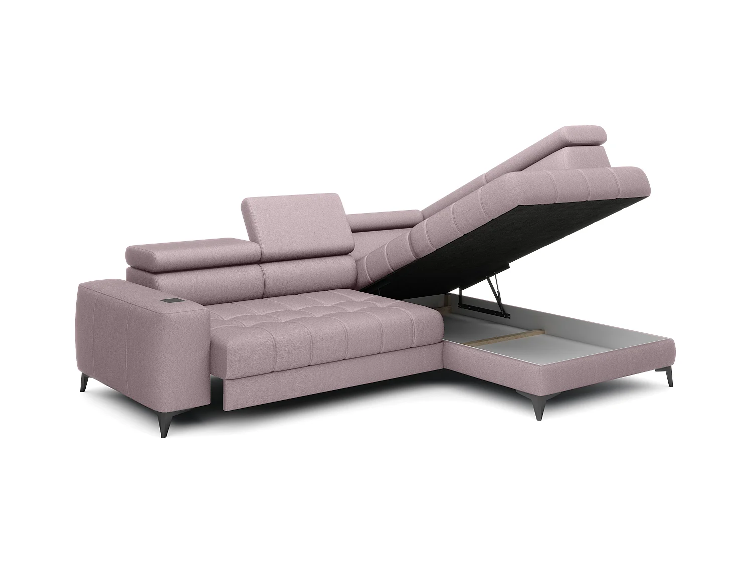 BAGGIO canapé angle 280x196cm, couchage, coffre, assise réglable, têtières, tissu Letto, droit, Rose poudré