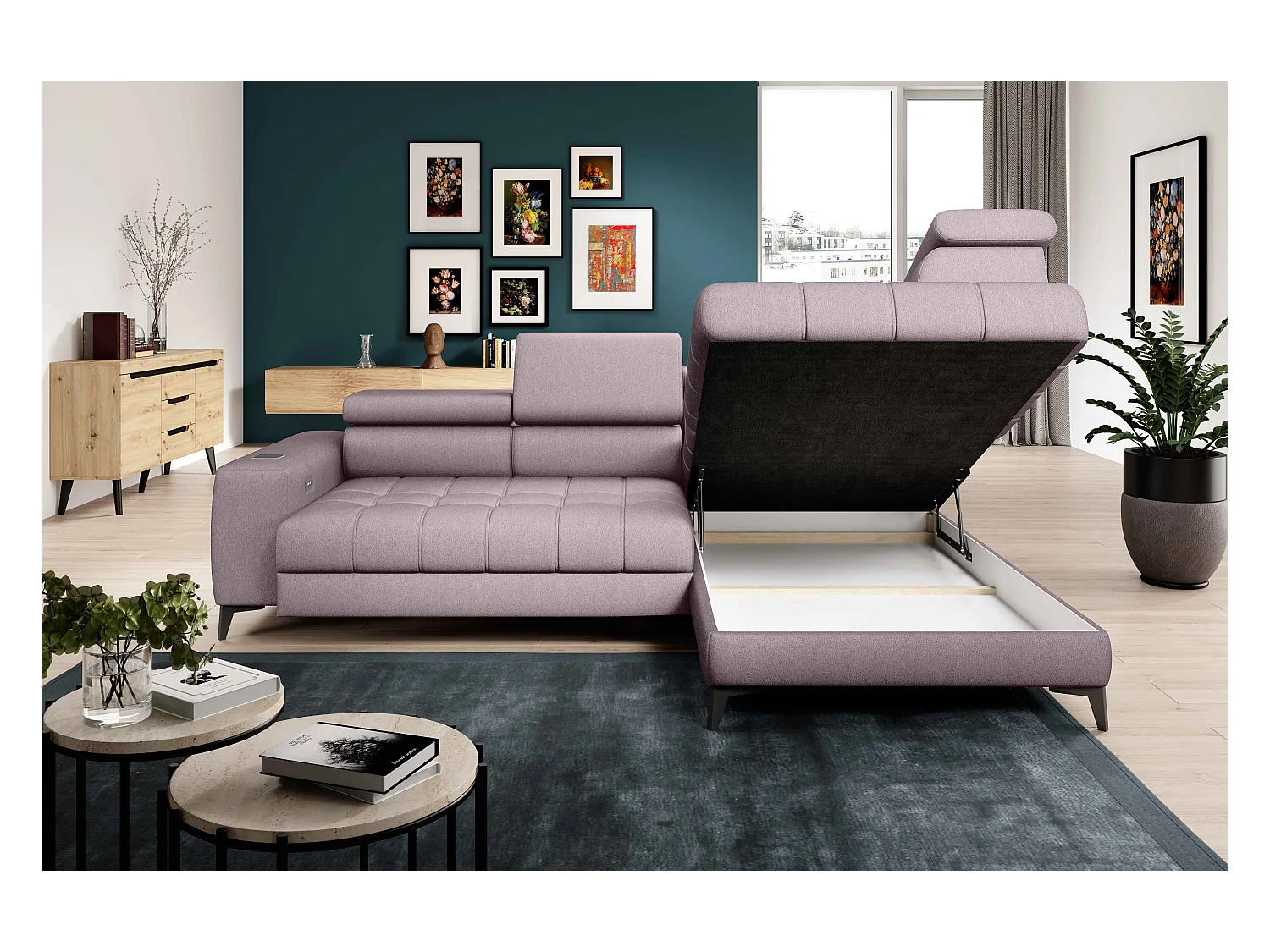 BAGGIO canapé angle 280x196cm, couchage, coffre, assise réglable, têtières, tissu Letto, droit, Rose poudré