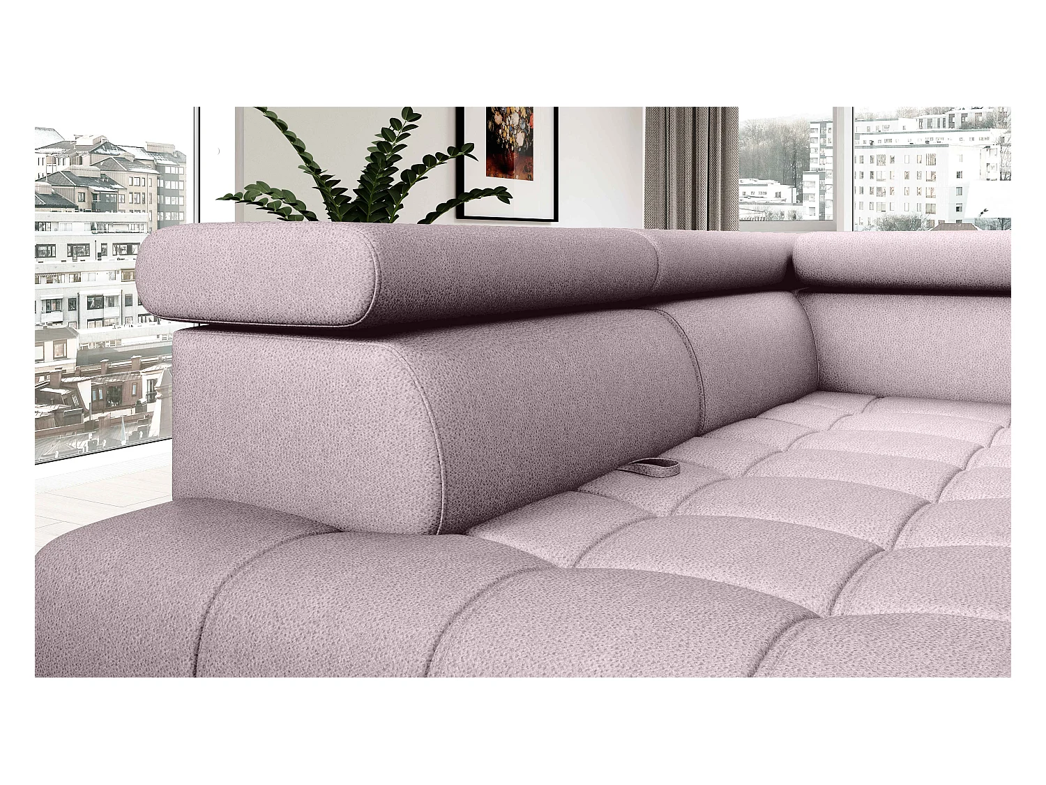 BAGGIO canapé angle 280x196cm, couchage, coffre, assise réglable, têtières, tissu Letto, droit, Rose poudré