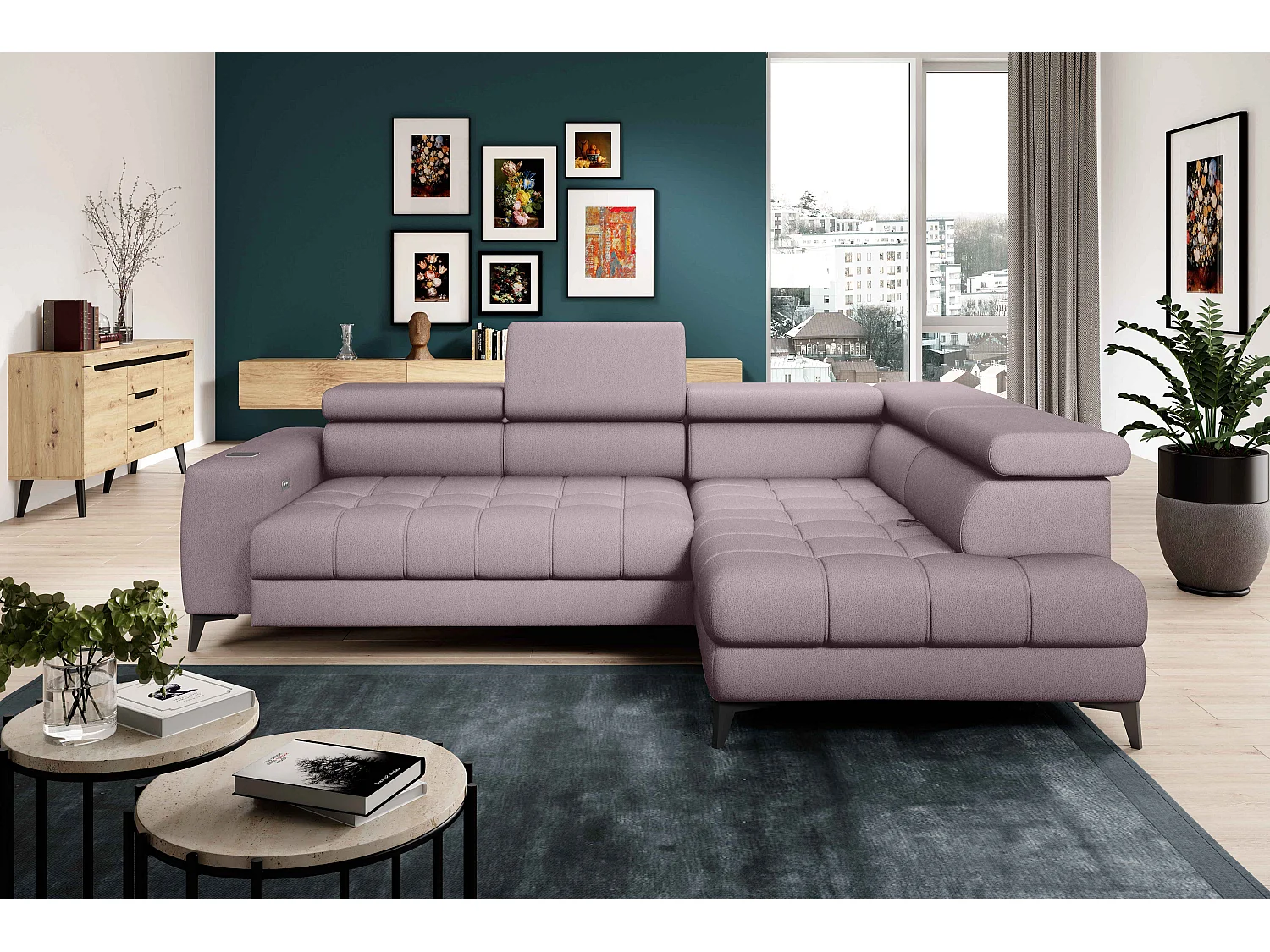 BAGGIO canapé angle 280x196cm, couchage, coffre, assise réglable, têtières, tissu Letto, droit, Rose poudré