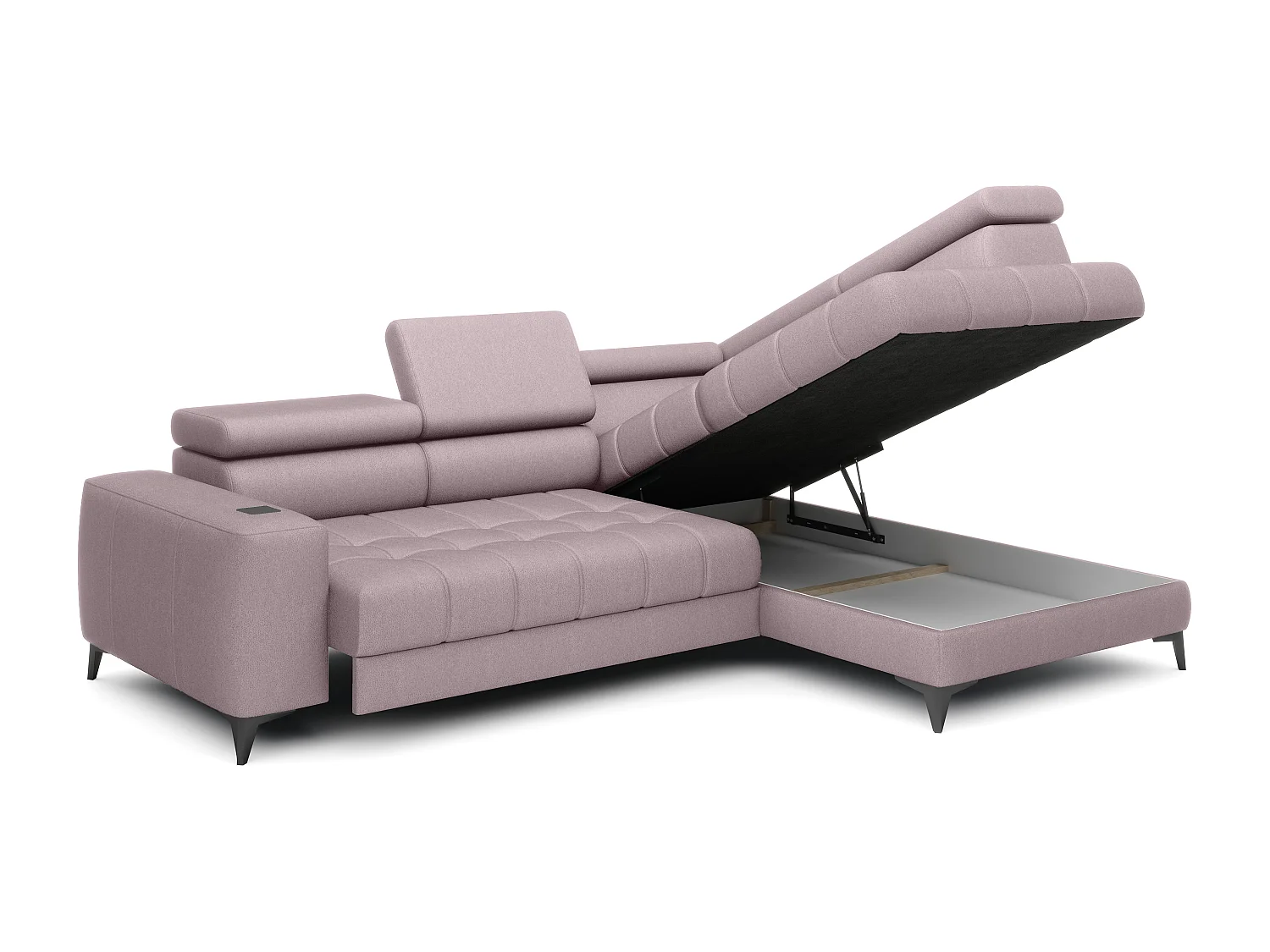 BAGGIO canapé angle 280x196cm, couchage, coffre, assise réglable, têtières, tissu Letto, droit, Rose poudré