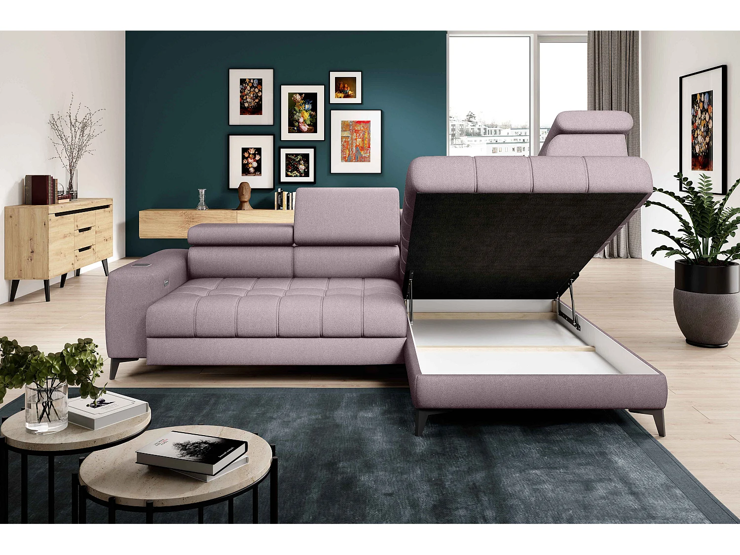 BAGGIO canapé angle 280x196cm, couchage, coffre, assise réglable, têtières, tissu Letto, droit, Rose poudré
