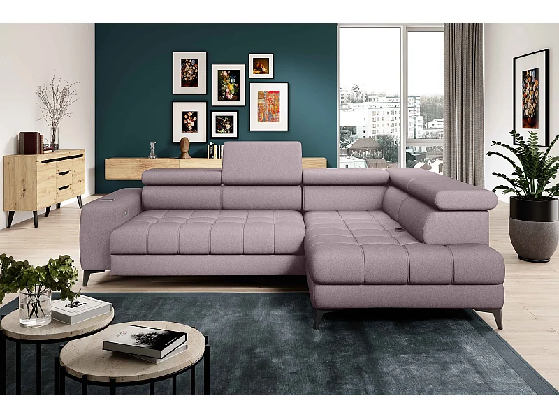 BAGGIO canapé angle 280x196cm, couchage, coffre, assise réglable, têtières, tissu Letto, droit, Rose poudré