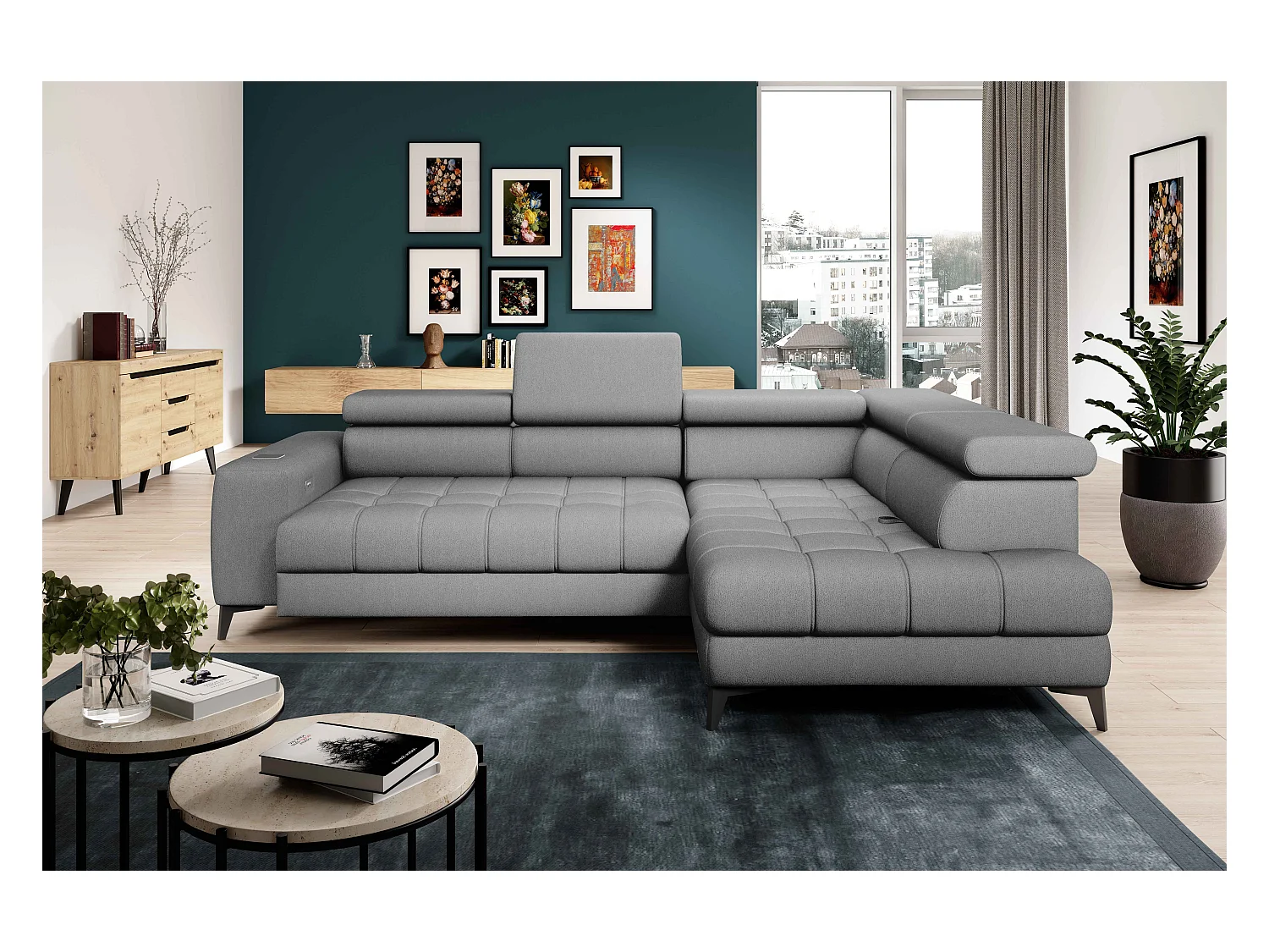 BAGGIO narożnik 280x196 z funkcją spania, pojemnikiem, regulacją siedziska, zagłówkami, tkanina Letto, prawa strona, szary