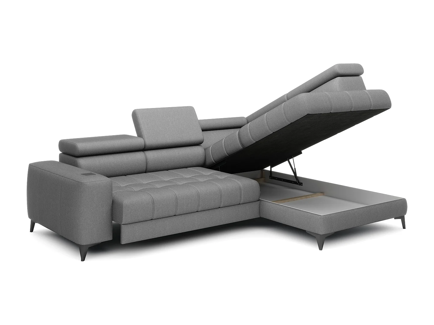 BAGGIO narożnik 280x196 z funkcją spania, pojemnikiem, regulacją siedziska, zagłówkami, tkanina Letto, prawa strona, szary