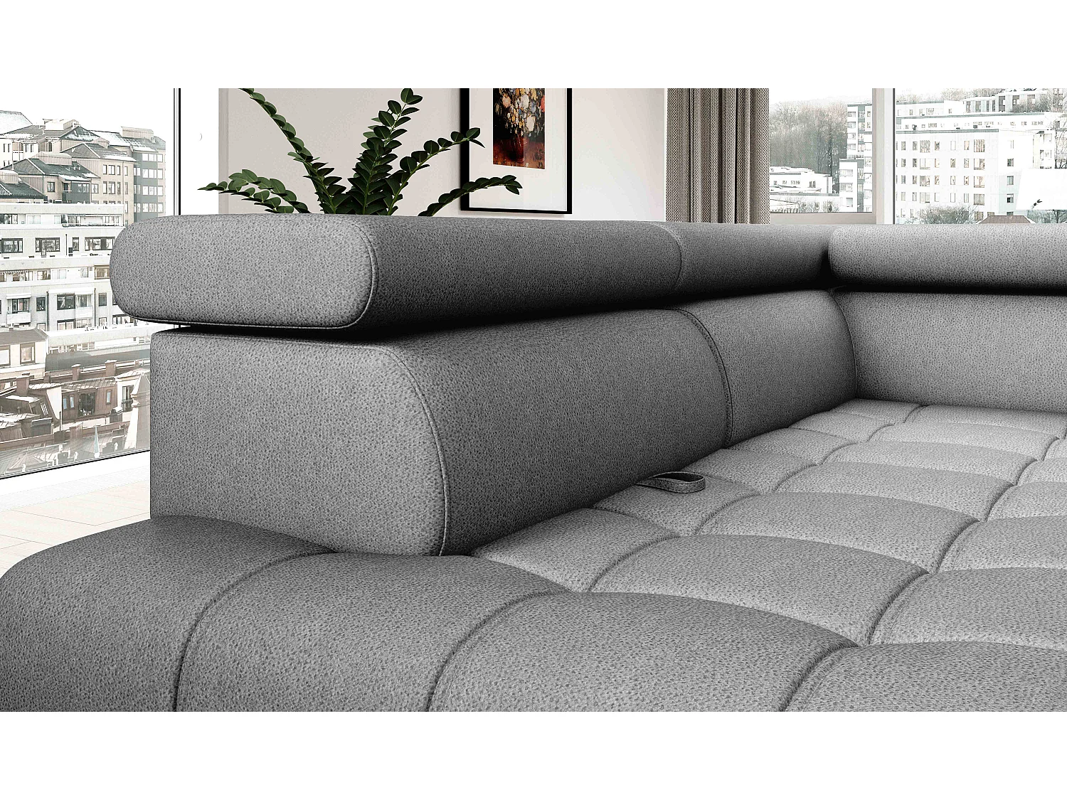 BAGGIO narożnik 280x196 z funkcją spania, pojemnikiem, regulacją siedziska, zagłówkami, tkanina Letto, prawa strona, szary