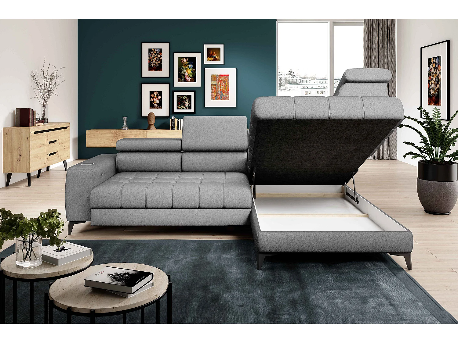 BAGGIO canapé angle 280x196cm, couchage, coffre, assise réglable, têtières, tissu Letto, droit, Gris