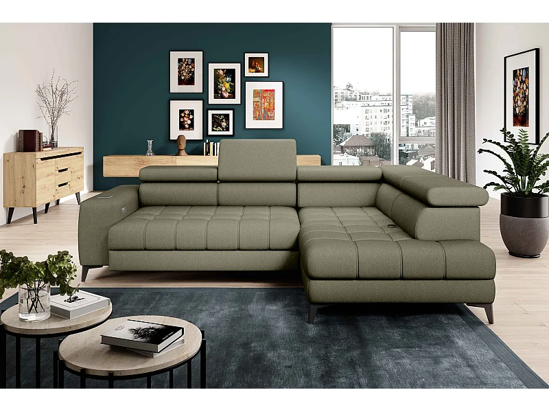 BAGGIO narożnik 280x196 z funkcją spania, pojemnikiem, regulacją siedziska, zagłówkami, tkanina Letto, prawa strona, jasnozielony