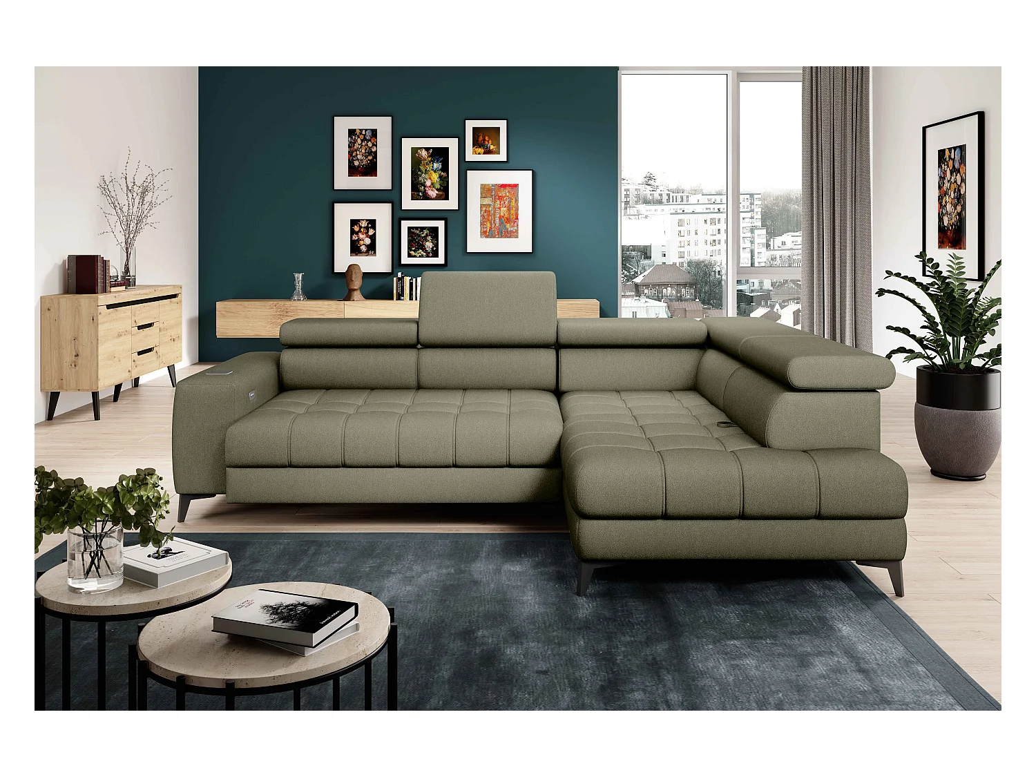 BAGGIO narożnik 280x196 z funkcją spania, pojemnikiem, regulacją siedziska, zagłówkami, tkanina Letto, prawa strona, jasnozielony