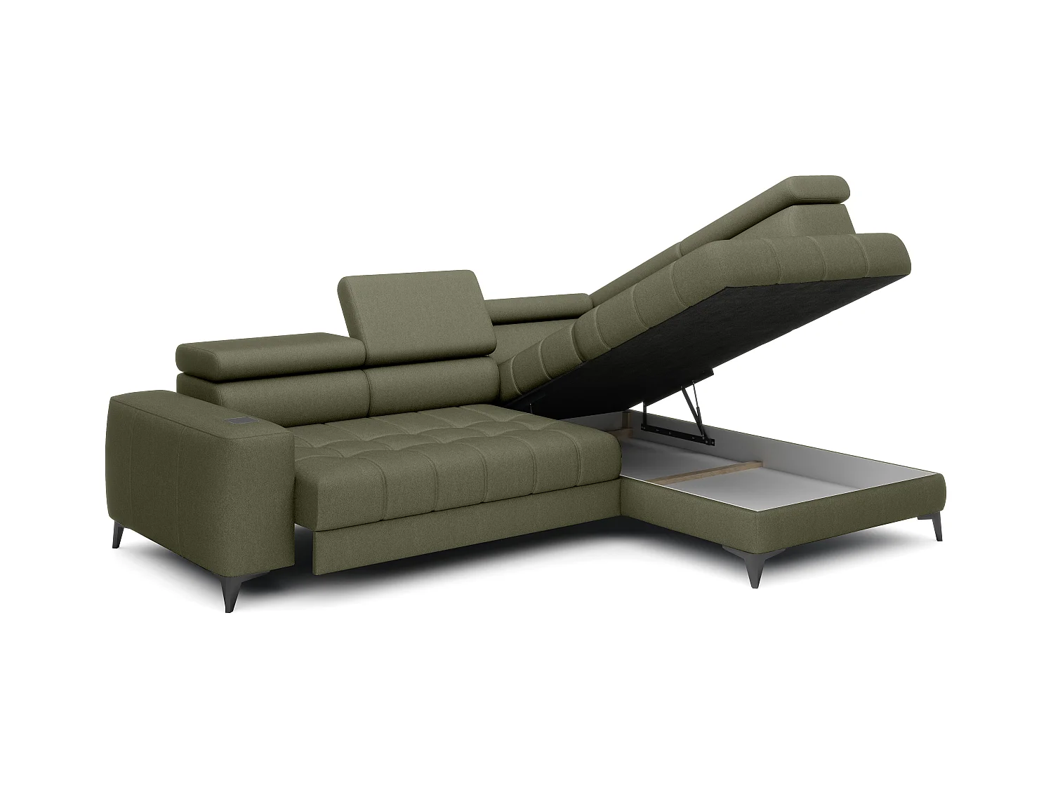 BAGGIO narożnik 280x196 z funkcją spania, pojemnikiem, regulacją siedziska, zagłówkami, tkanina Letto, prawa strona, jasnozielony