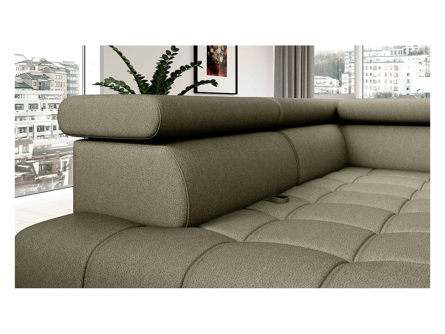 BAGGIO narożnik 280x196 z funkcją spania, pojemnikiem, regulacją siedziska, zagłówkami, tkanina Letto, prawa strona, jasnozielony