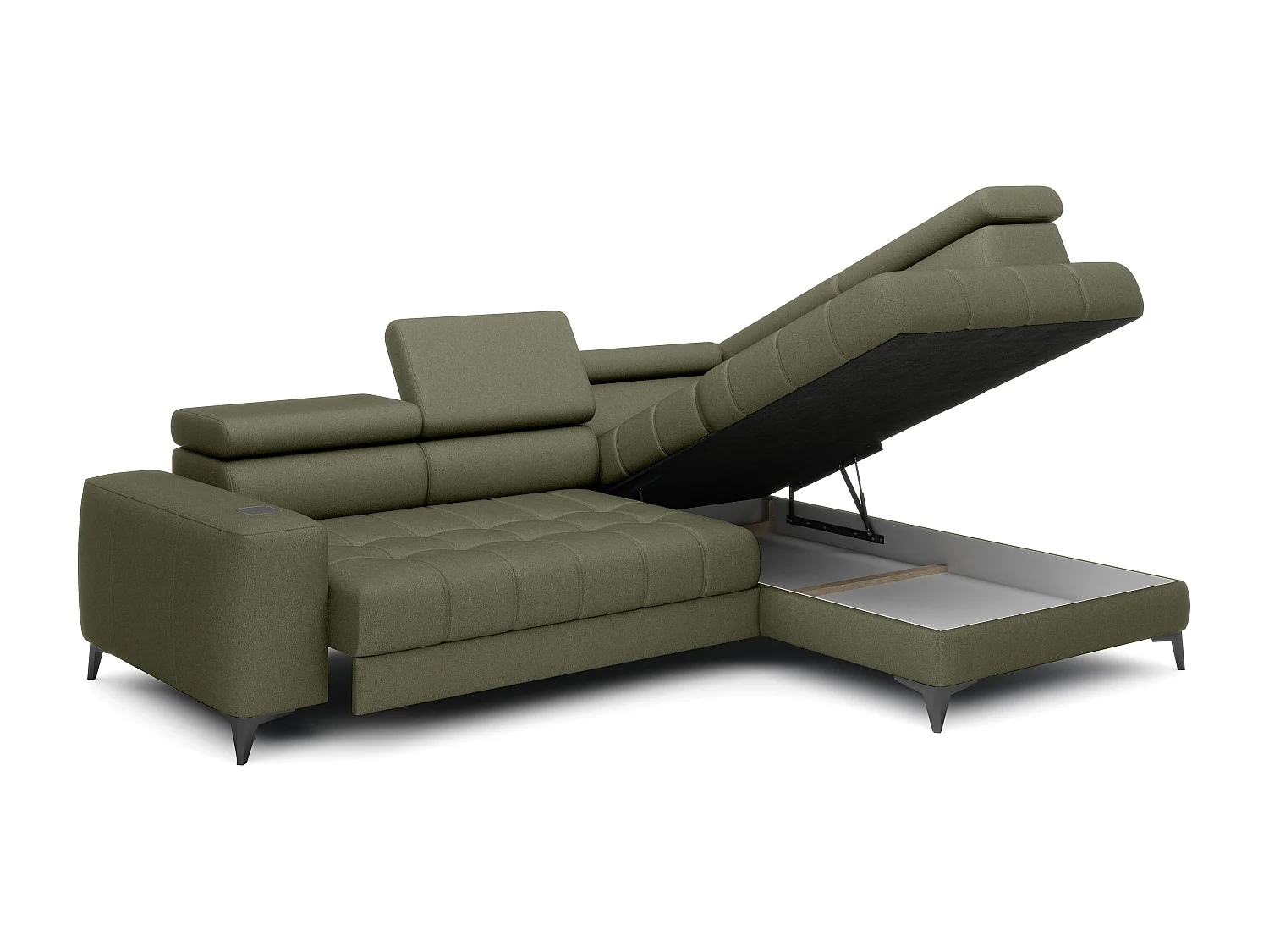 BAGGIO canapé angle 280x196cm, couchage, coffre, assise réglable, têtières, tissu Letto, droit, Vert clair