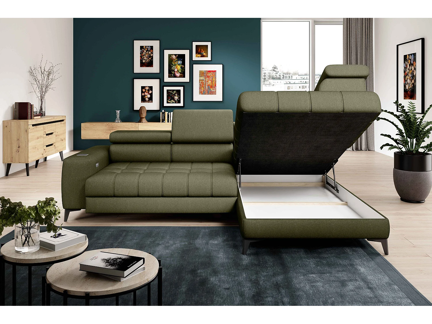 BAGGIO canapé angle 280x196cm, couchage, coffre, assise réglable, têtières, tissu Letto, droit, Vert clair