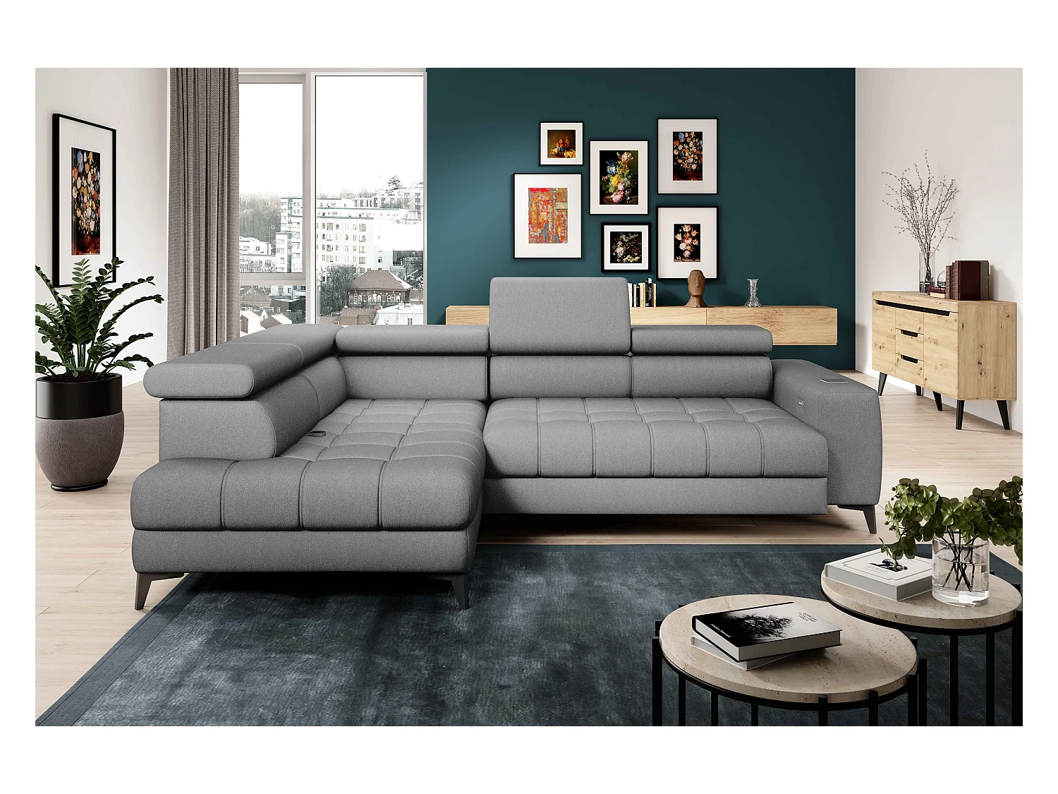 BAGGIO narożnik 280x196 z funkcją spania, pojemnikiem, regulacją siedziska, zagłówkami, tkanina Letto, lewa strona, szary