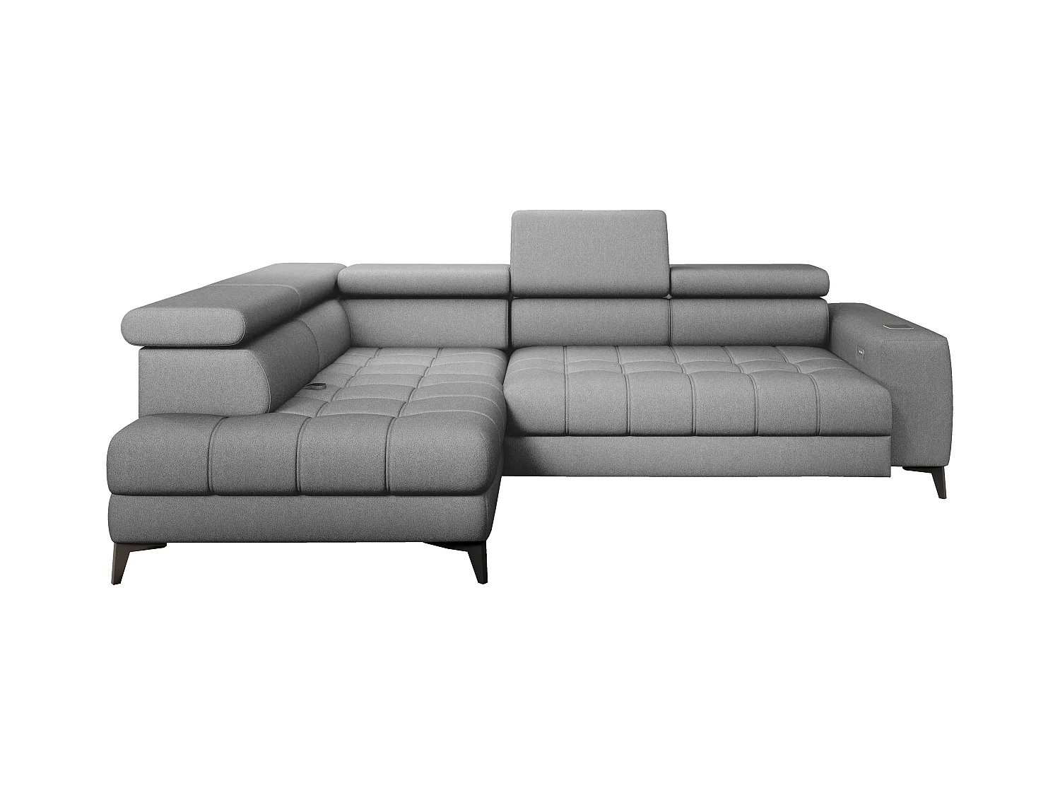 BAGGIO narożnik 280x196 z funkcją spania, pojemnikiem, regulacją siedziska, zagłówkami, tkanina Letto, lewa strona, szary