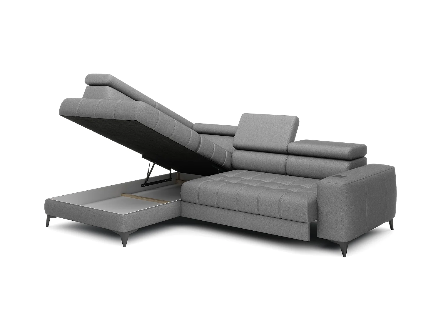 BAGGIO narożnik 280x196 z funkcją spania, pojemnikiem, regulacją siedziska, zagłówkami, tkanina Letto, lewa strona, szary
