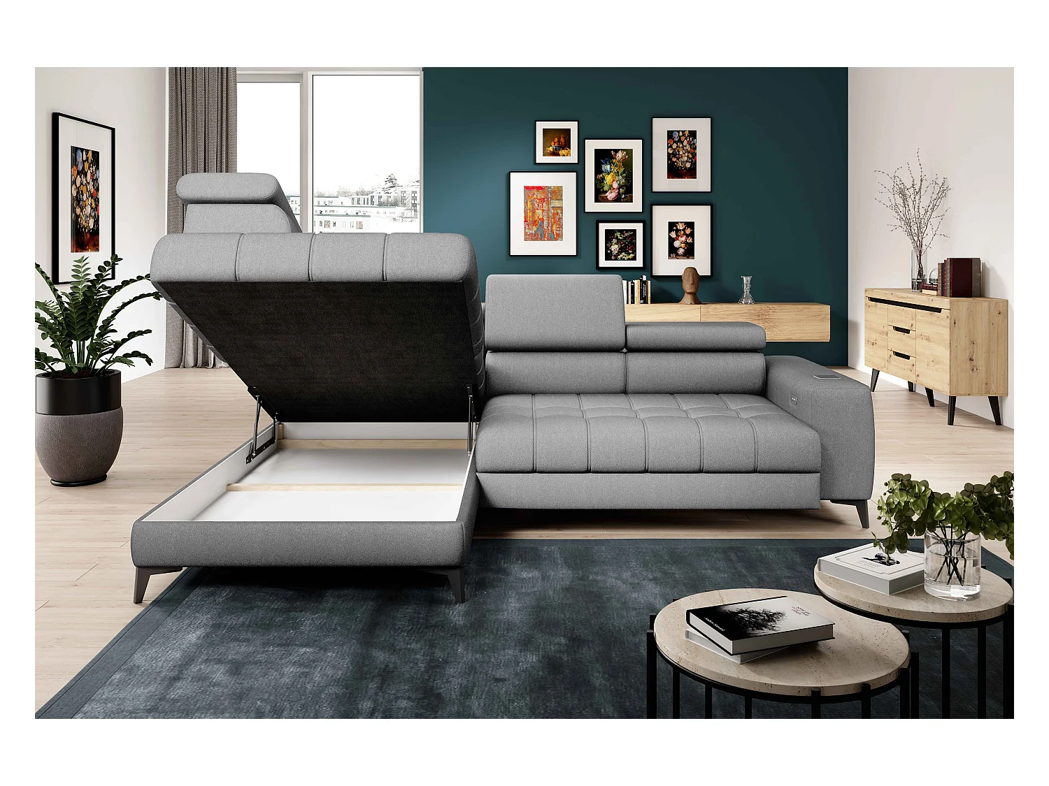 BAGGIO narożnik 280x196 z funkcją spania, pojemnikiem, regulacją siedziska, zagłówkami, tkanina Letto, lewa strona, szary