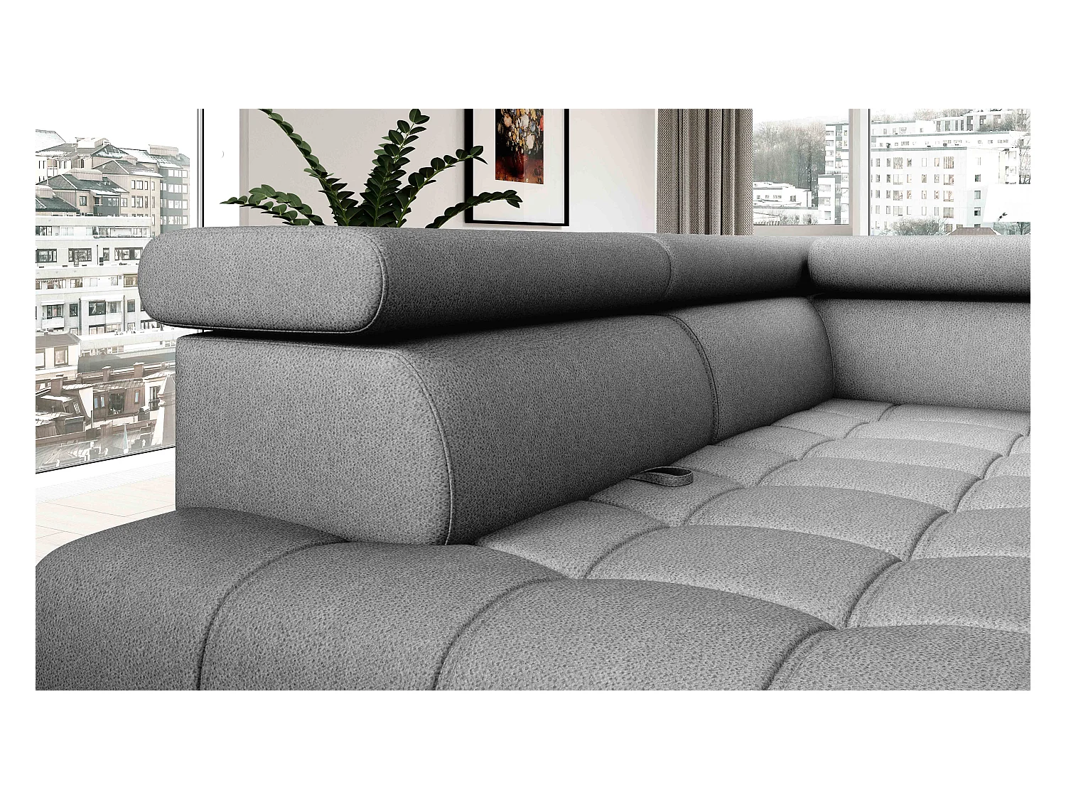 BAGGIO narożnik 280x196 z funkcją spania, pojemnikiem, regulacją siedziska, zagłówkami, tkanina Letto, lewa strona, szary