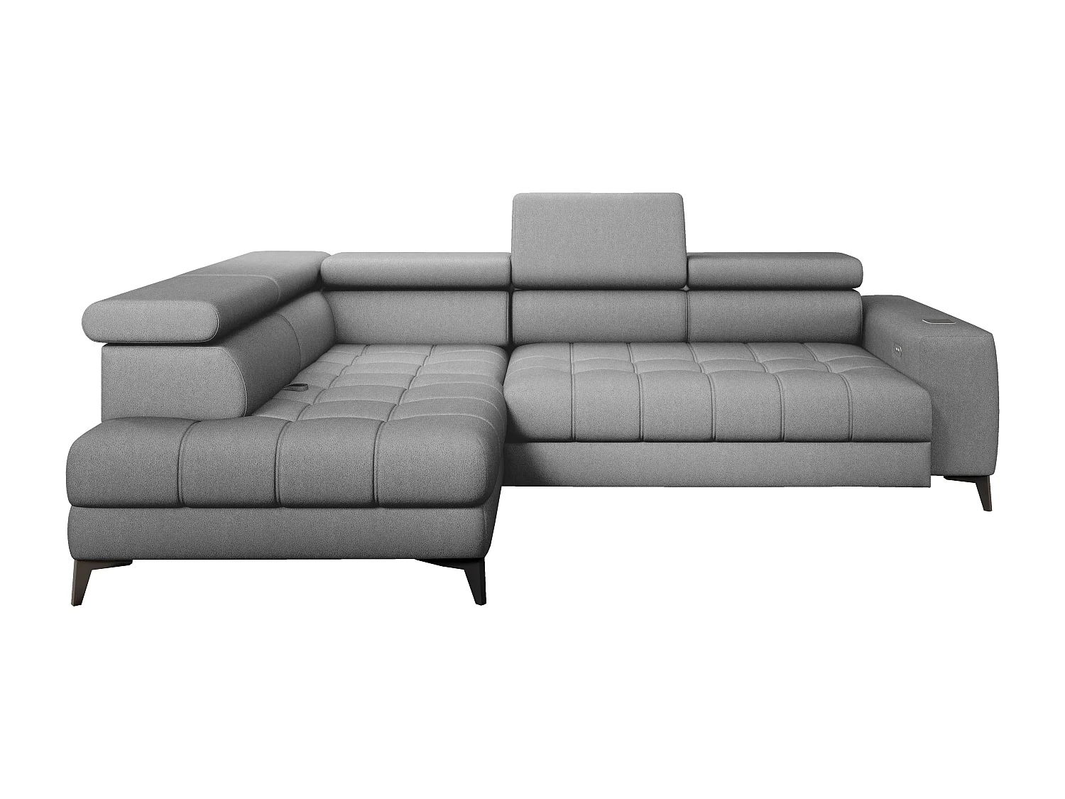BAGGIO canapé angle 280x196cm, couchage, coffre, assise réglable, têtières, tissu Letto, gauche, Gris