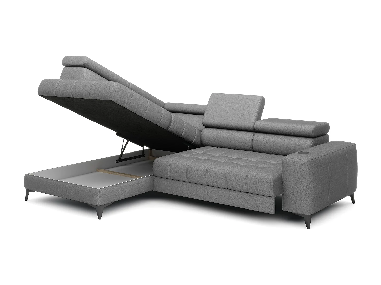 BAGGIO canapé angle 280x196cm, couchage, coffre, assise réglable, têtières, tissu Letto, gauche, Gris