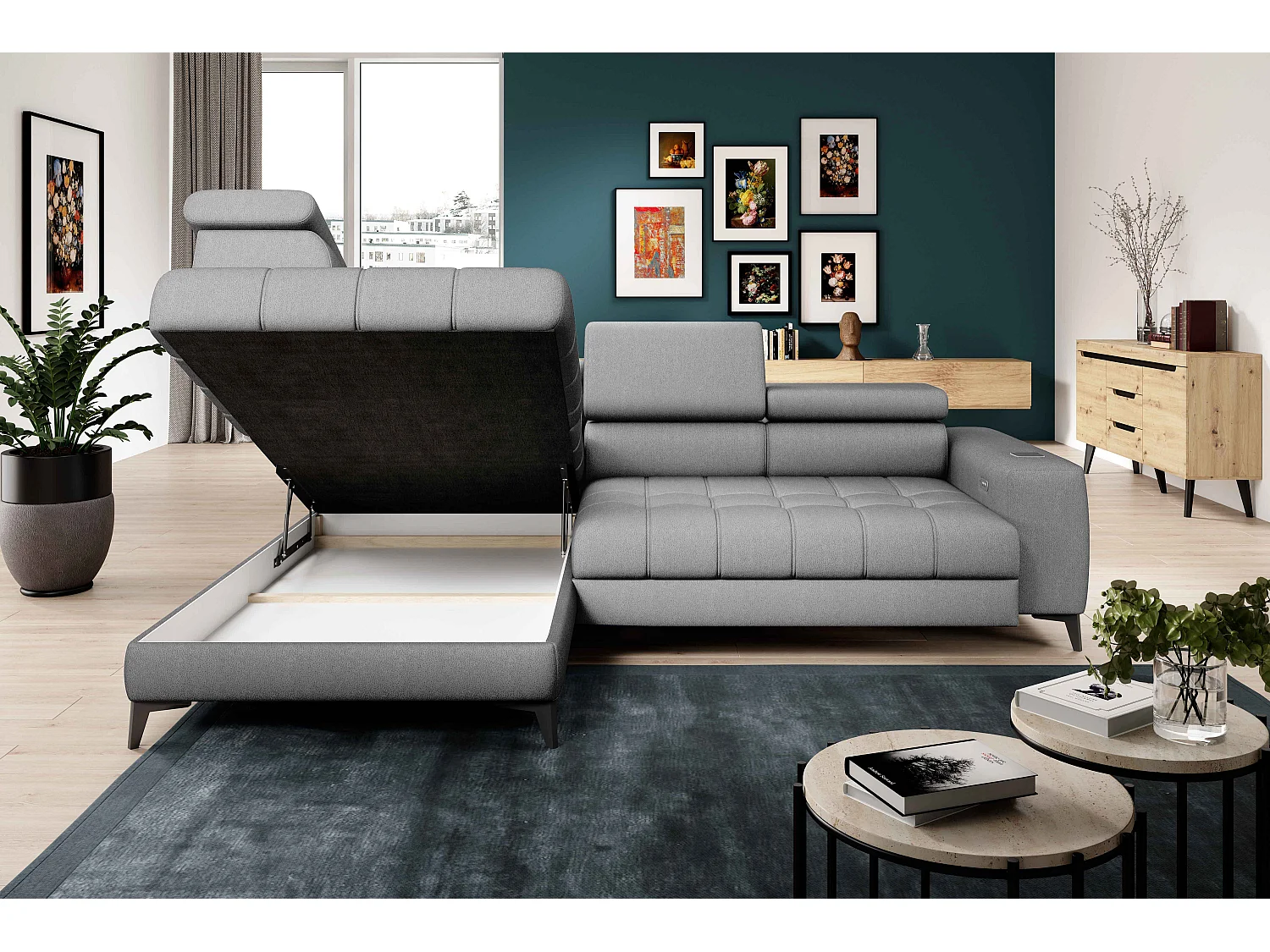 BAGGIO canapé angle 280x196cm, couchage, coffre, assise réglable, têtières, tissu Letto, gauche, Gris