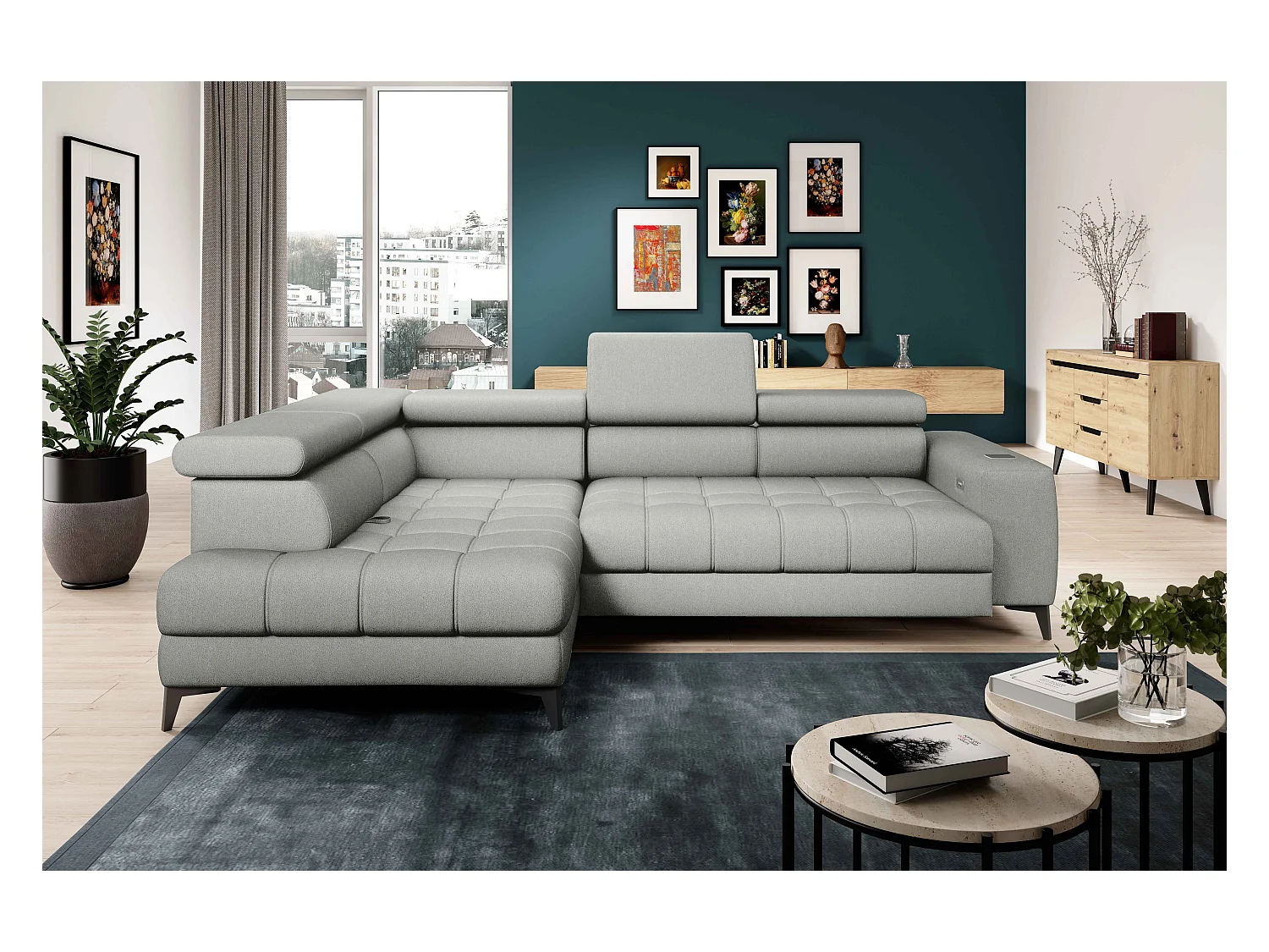 BAGGIO canapé angle 280x196cm, couchage, coffre, assise réglable, têtières, tissu Letto, gauche, Frêne