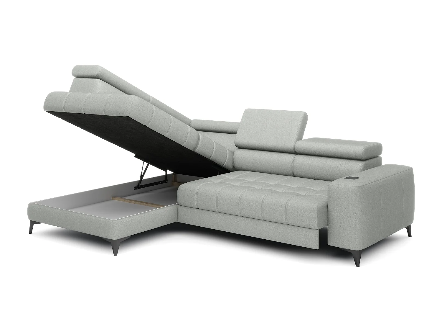BAGGIO canapé angle 280x196cm, couchage, coffre, assise réglable, têtières, tissu Letto, gauche, Frêne