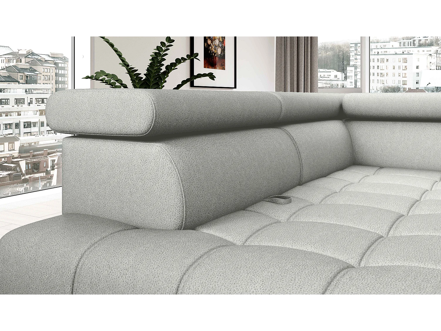 BAGGIO canapé angle 280x196cm, couchage, coffre, assise réglable, têtières, tissu Letto, gauche, Frêne