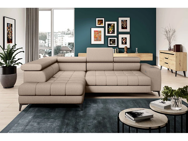 BAGGIO Ecksofa 280x196cm, Schlaffunktion, Bettkasten, elektrisch verstellbar, Kopfstützen, Letto Stoff, links, Beige