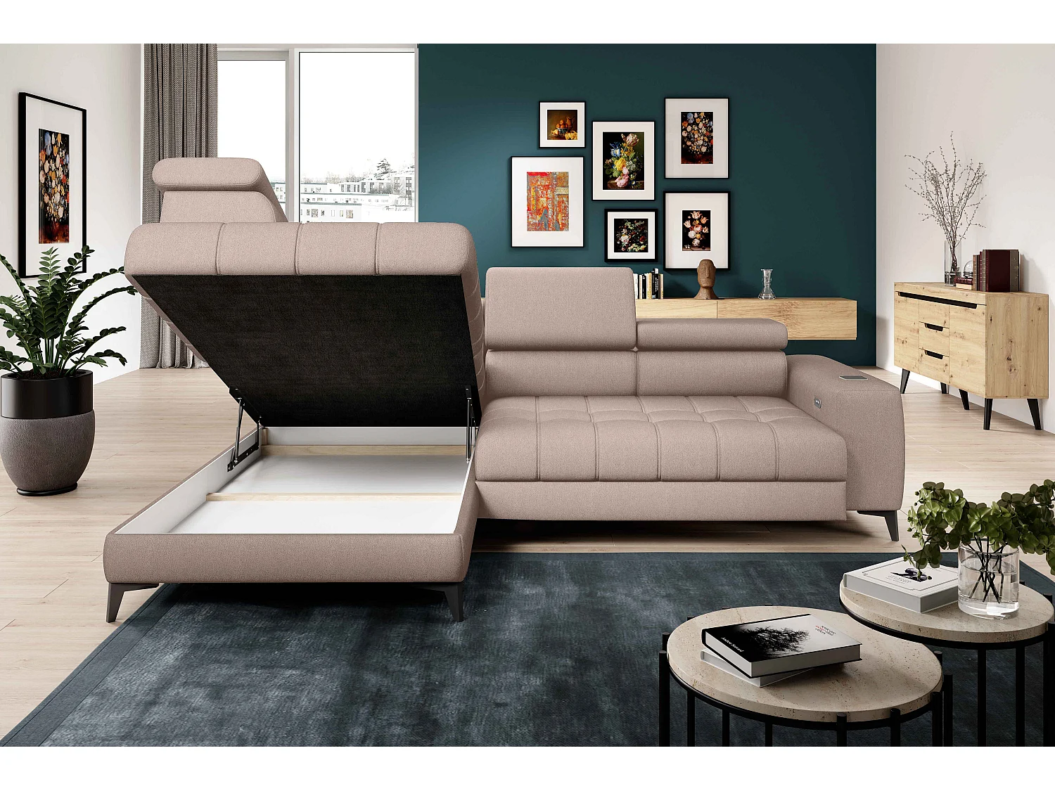 BAGGIO canapé angle 280x196cm, couchage, coffre, assise réglable, têtières, tissu Letto, gauche, Beige