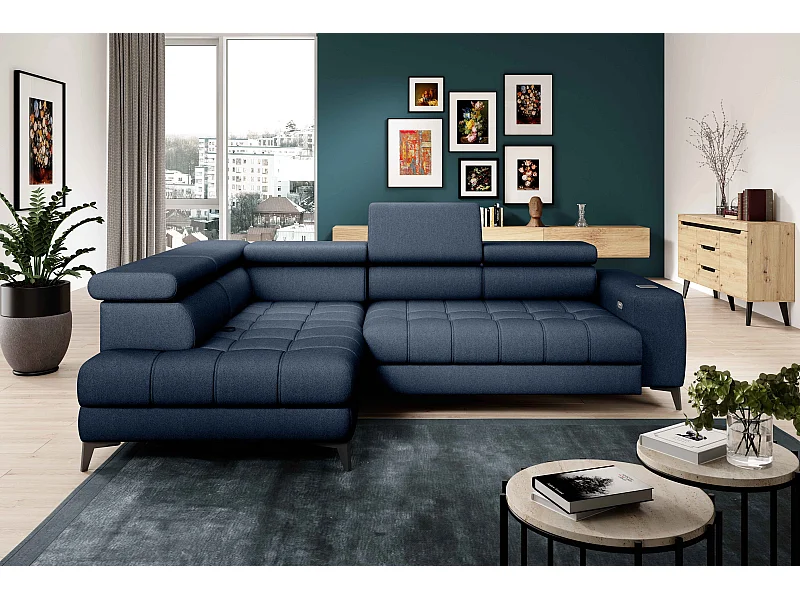BAGGIO canapé angle 280x196cm, couchage, coffre, assise réglable, têtières, tissu Letto, gauche, Bleu marine