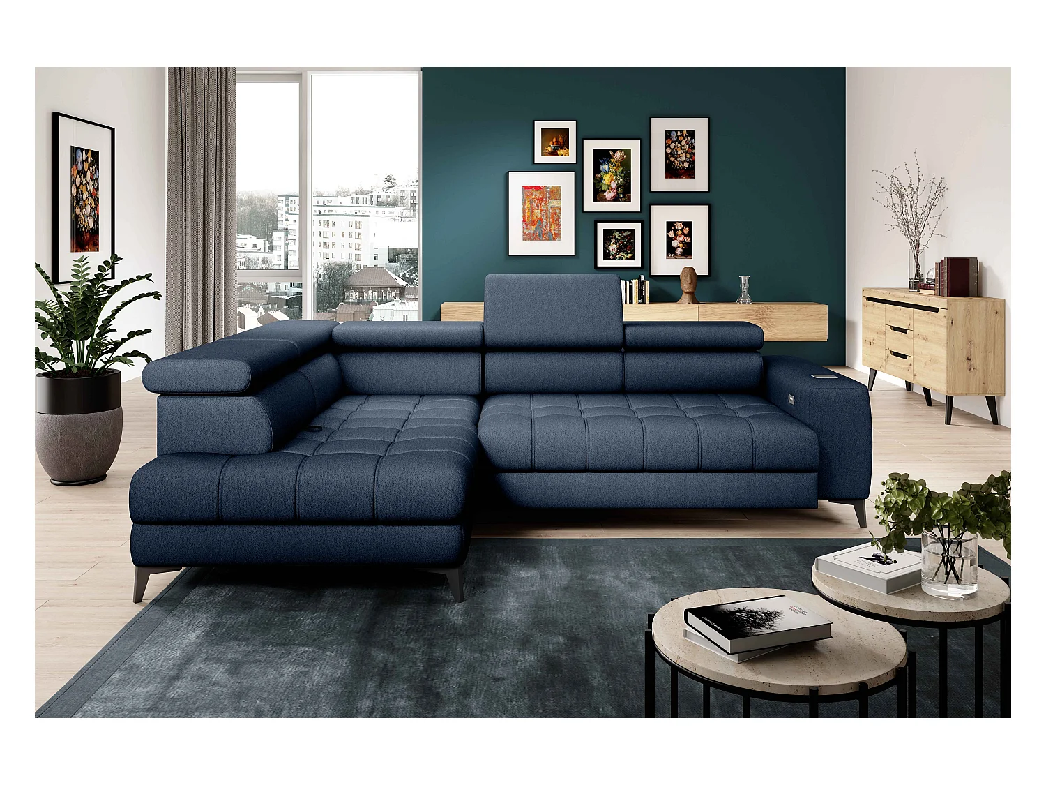 BAGGIO narożnik 280x196 z funkcją spania, pojemnikiem, regulacją siedziska, zagłówkami, tkanina Letto, lewa strona, granatowy