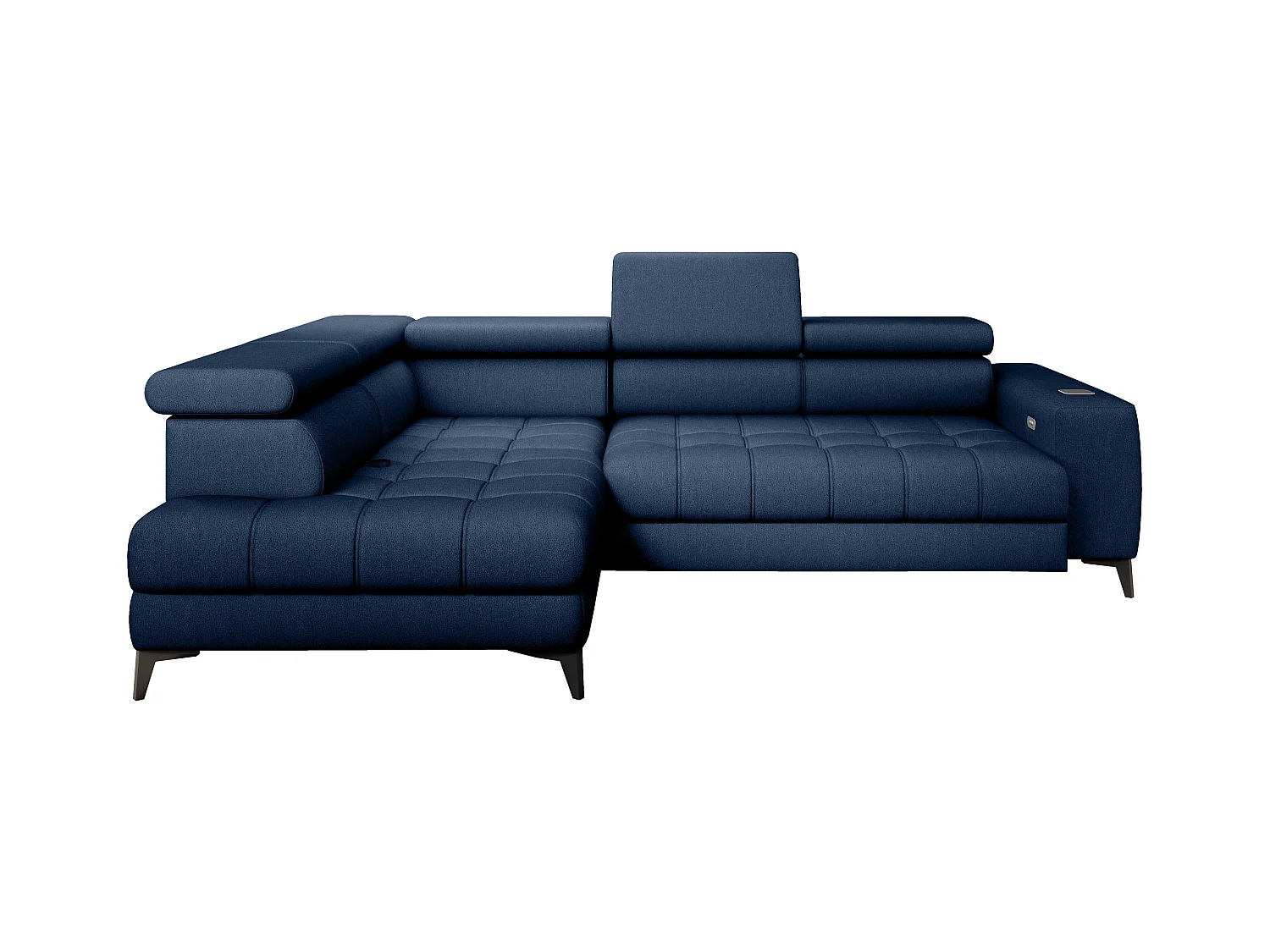 BAGGIO narożnik 280x196 z funkcją spania, pojemnikiem, regulacją siedziska, zagłówkami, tkanina Letto, lewa strona, granatowy