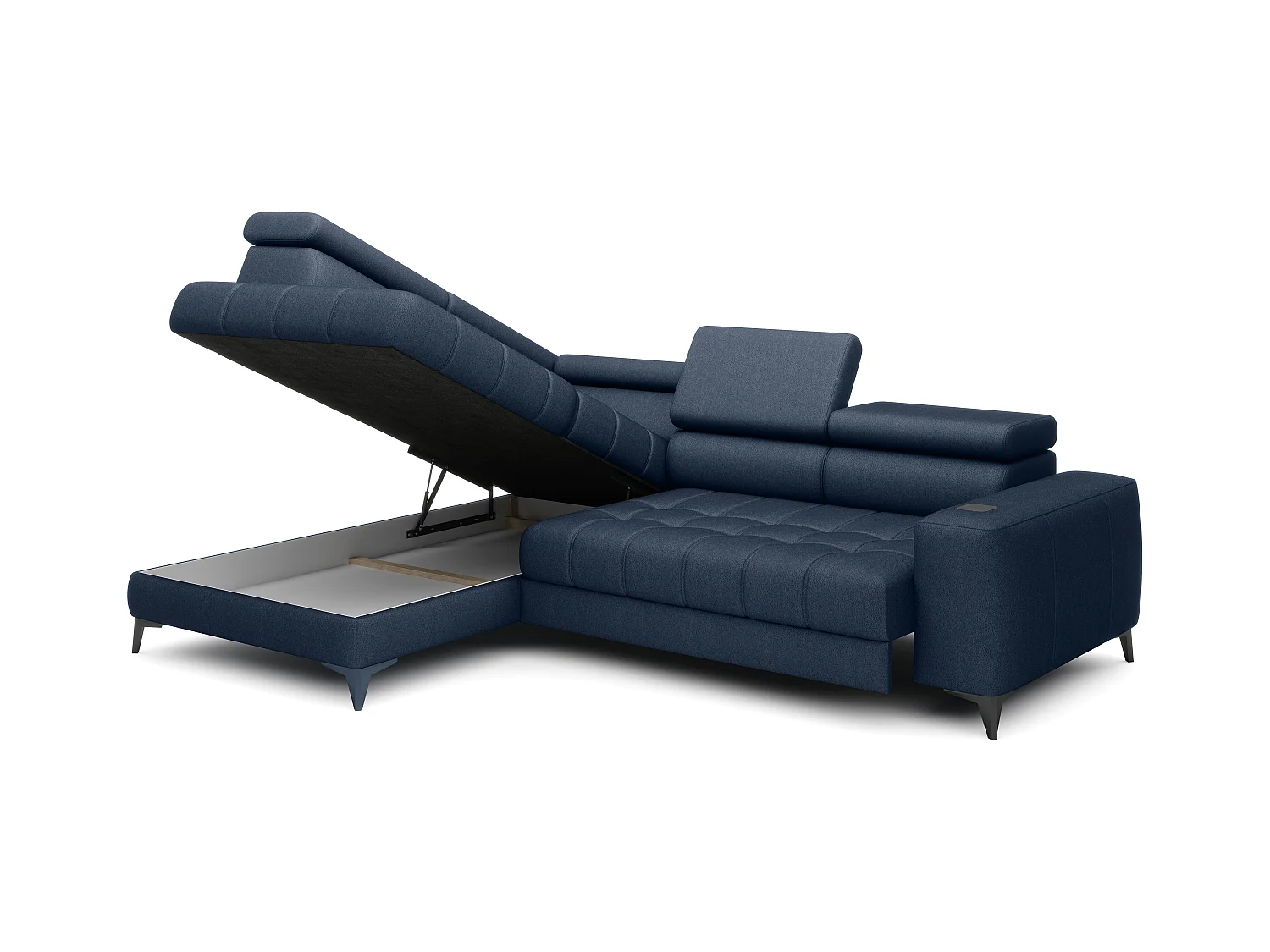 BAGGIO narożnik 280x196 z funkcją spania, pojemnikiem, regulacją siedziska, zagłówkami, tkanina Letto, lewa strona, granatowy