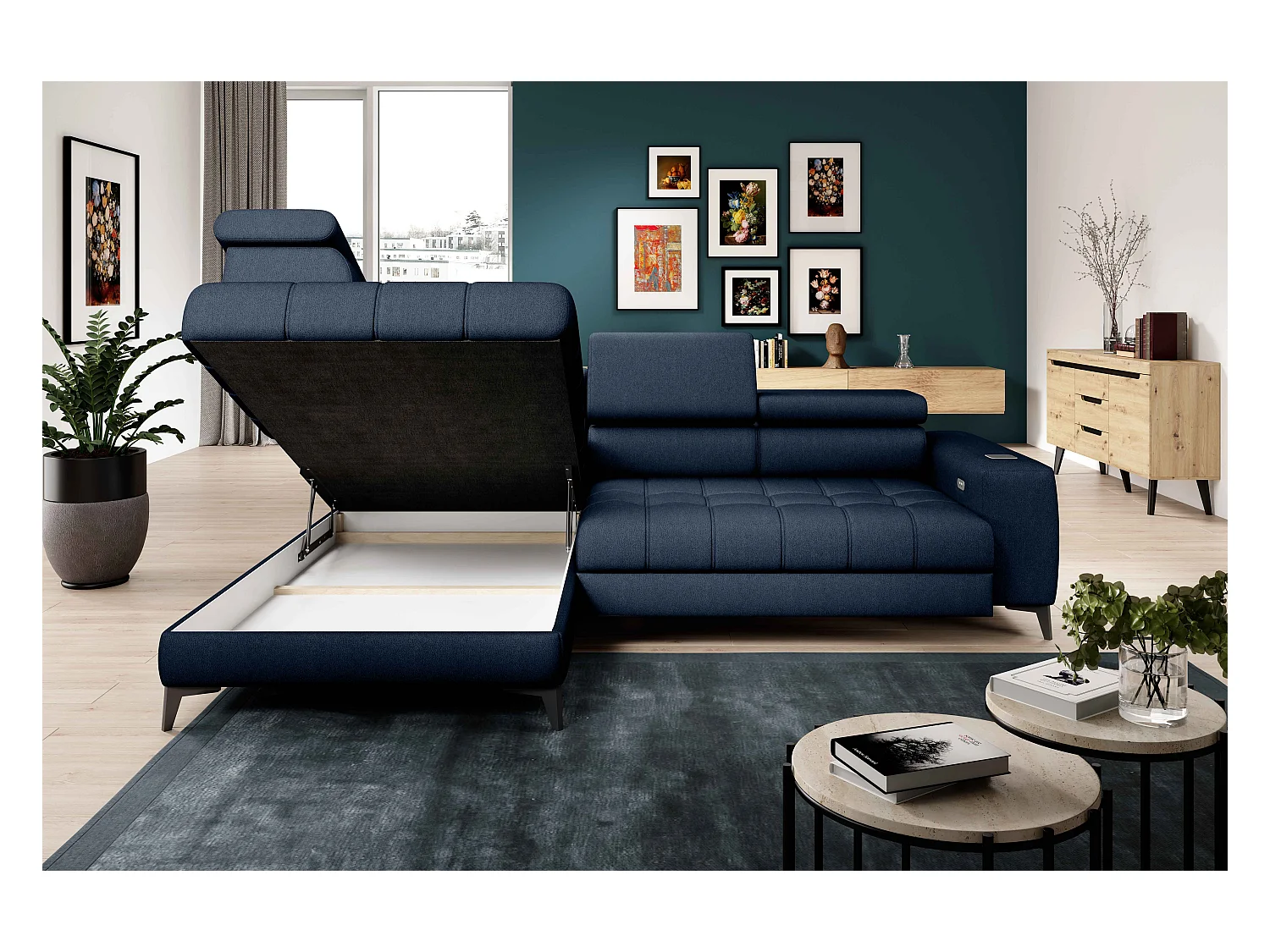 BAGGIO narożnik 280x196 z funkcją spania, pojemnikiem, regulacją siedziska, zagłówkami, tkanina Letto, lewa strona, granatowy