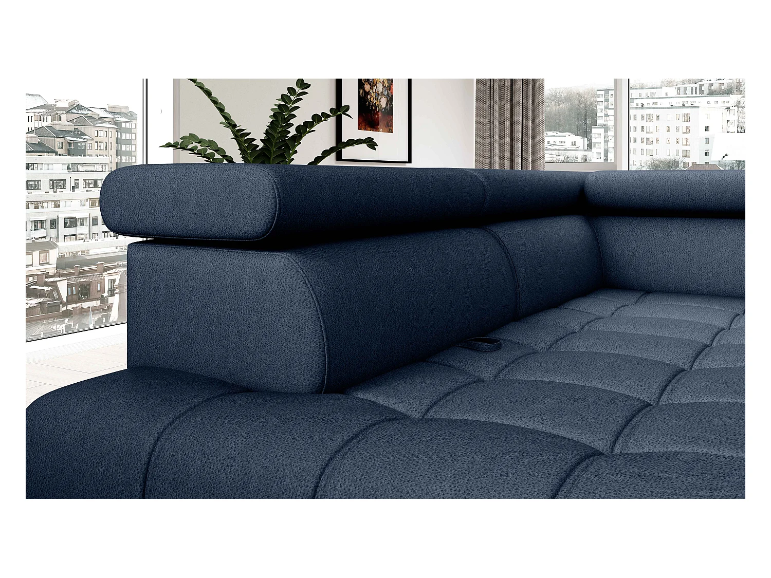 BAGGIO narożnik 280x196 z funkcją spania, pojemnikiem, regulacją siedziska, zagłówkami, tkanina Letto, lewa strona, granatowy